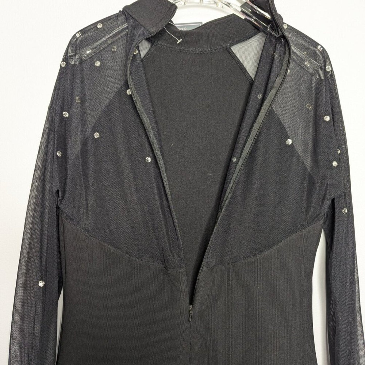 Carabella Vintage 90's Black Long Mesh Sleeve Mini Dress Bodycon Rhinestones