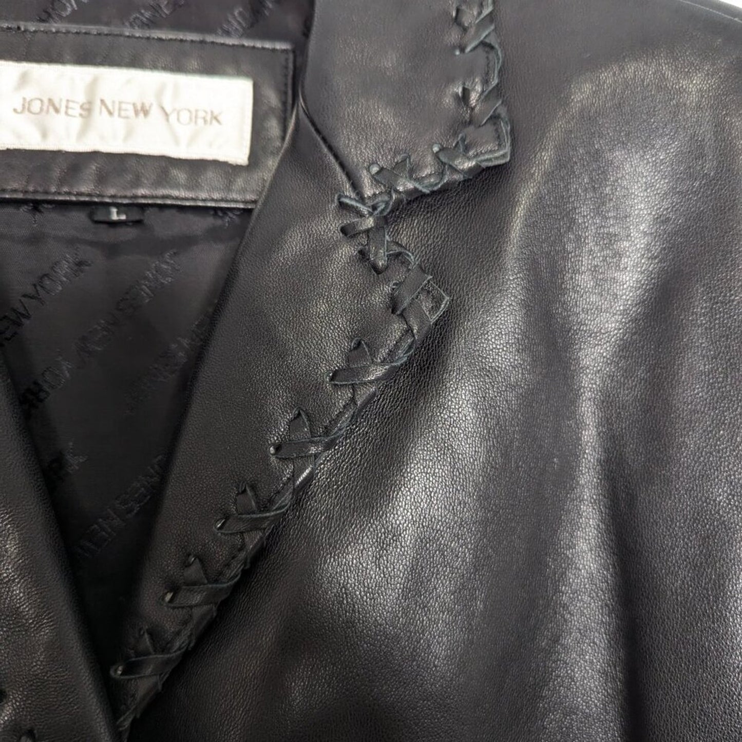 Vintage Jones New York Black Leather Long Sleeve Blazer Lace Up Stitch Trim L