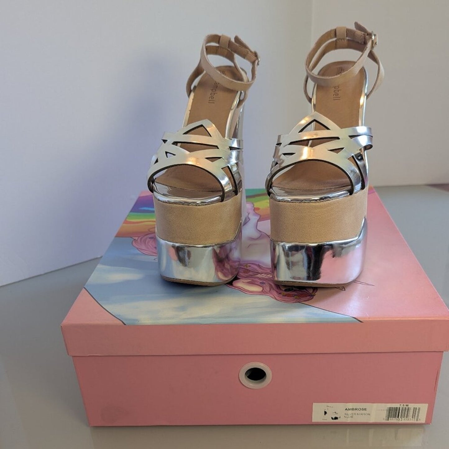 Jeffrey Campbell Y2K Nude Chrome Ambrose Platform Heels Shiny Ankle Strap NEW