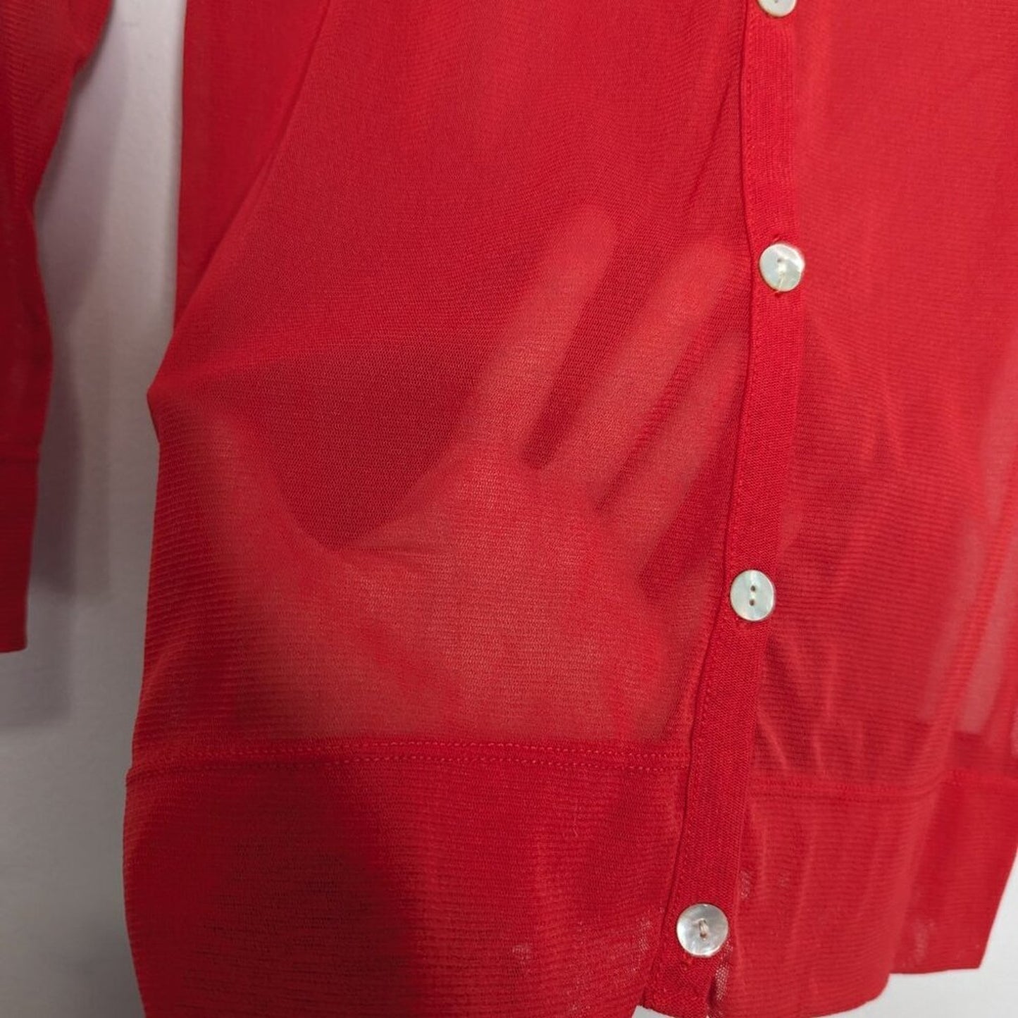 Kookai Red Semi Sheer 3/4 Length Sleeve V-Neck Button Up Blouse Sequin Detail