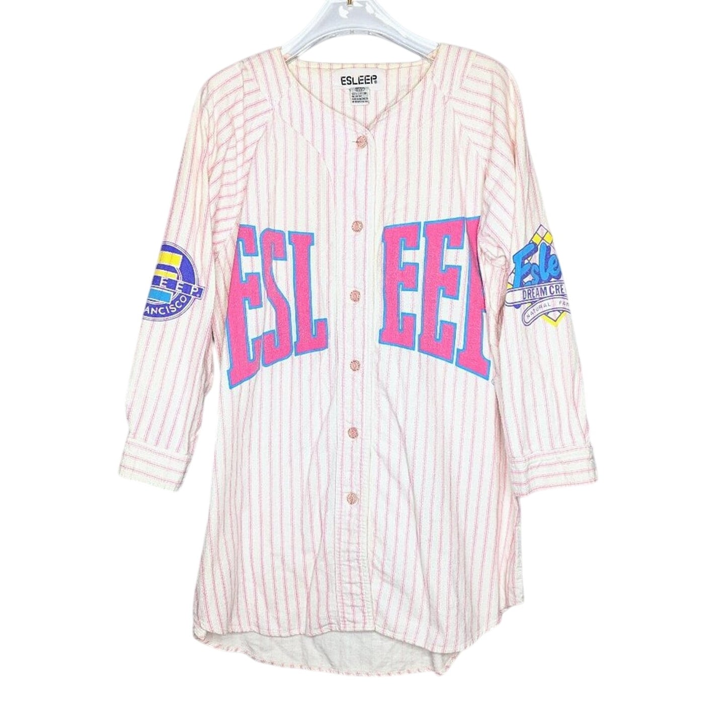 Esleep 90's Vintage Pink Baseball Jersey Flannel Sleep Shirt Graphic Print OS