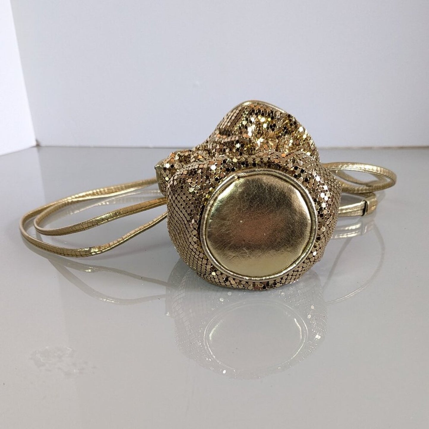 Whiting And Davis Vintage Gold Mesh Mini Drawstring Bucket Bag Disco Metallic