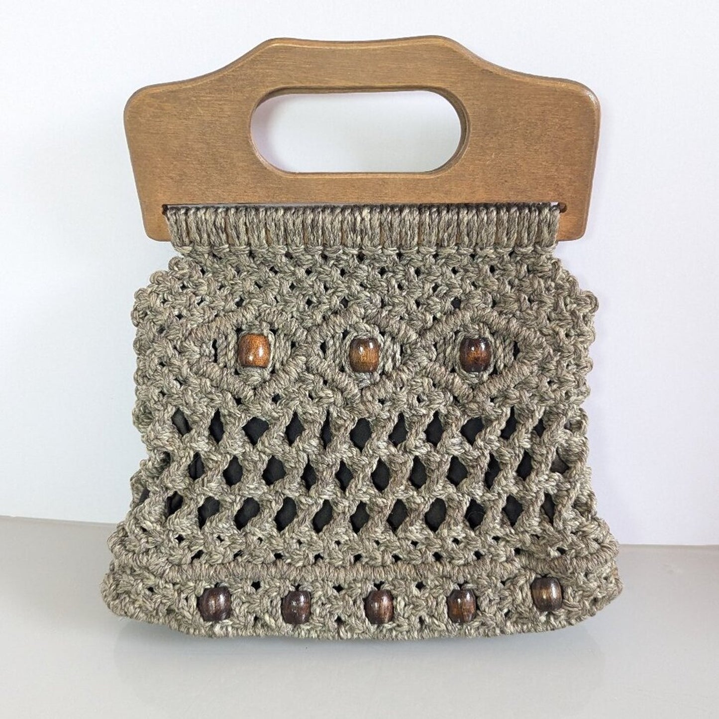 Vintage Taupe Macrame Bag Double Wooden Handle Upcycled Jewelry Charms Shells