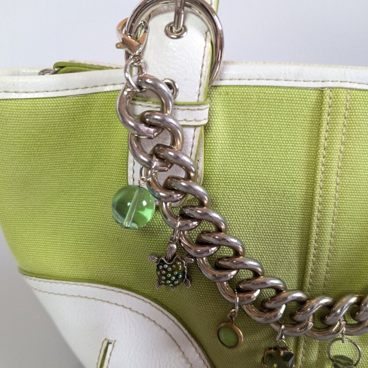 Vintage Y2K Green White Sonoma Zip Purse Upcycled Jewelry Silver Charm Chain