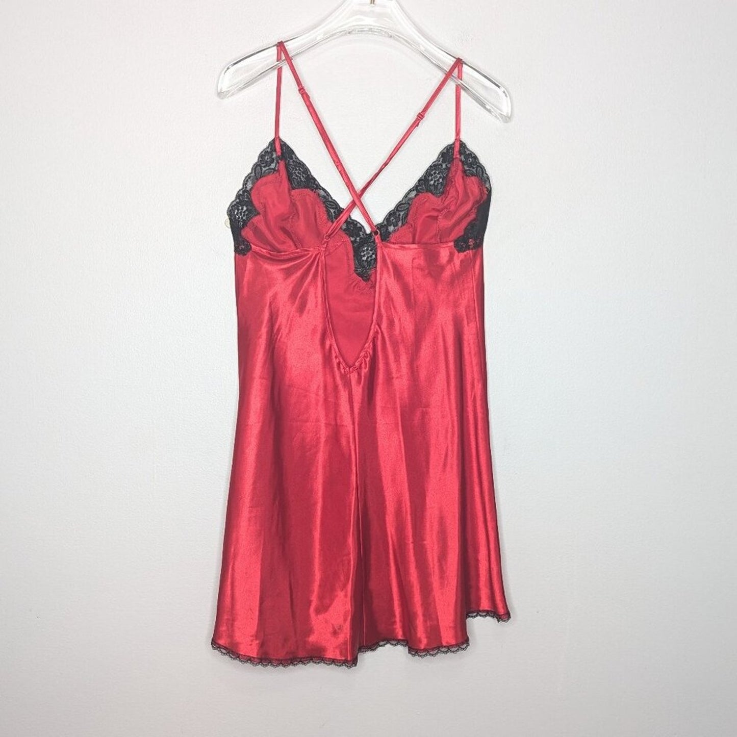 Frederick's of Hollywood Vintage Red Satin Slip Dress Black Lace Trim Cross Back