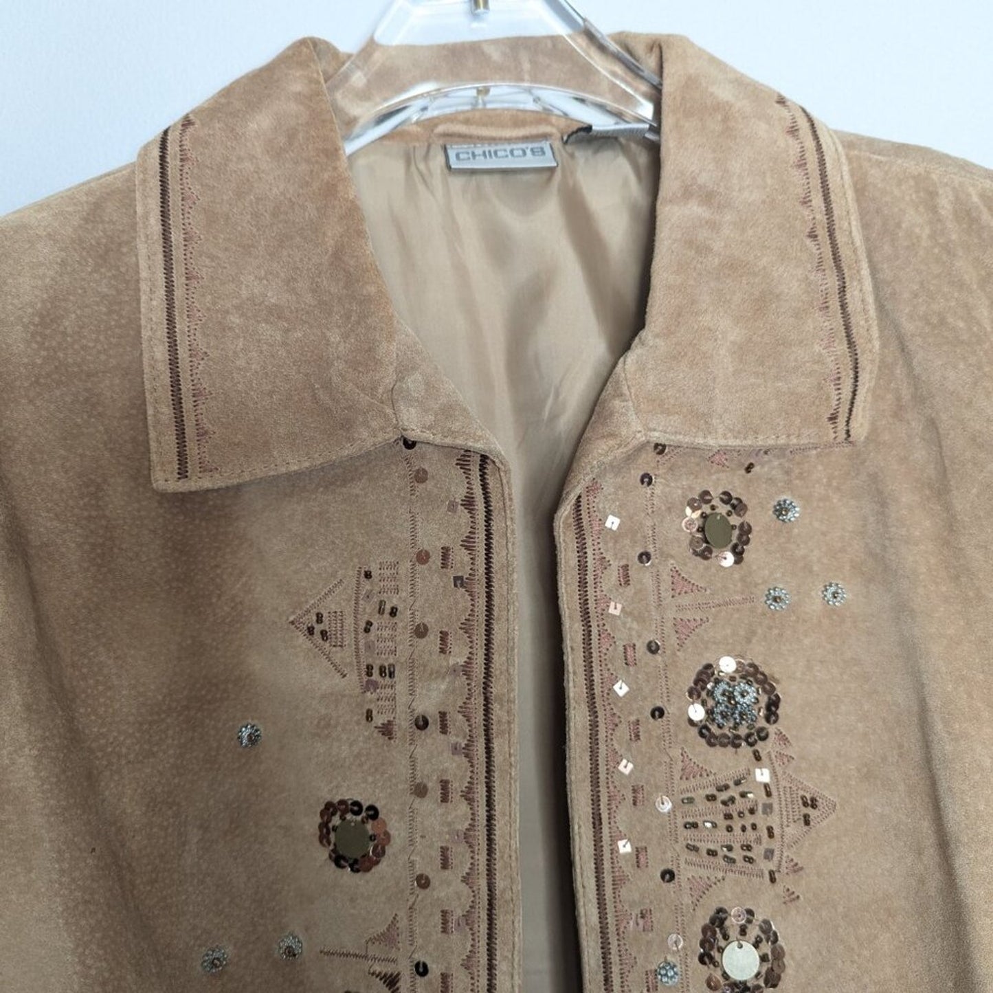 Chico's Vintage Tan Suede Long Sleeve Open Front Jacket Embroidered Sequins