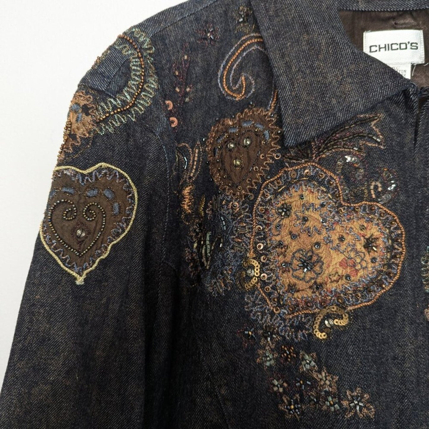 Chico's Vintage Embroidered Blue Denim Zip Up Jacket Hearts Beaded Sequins