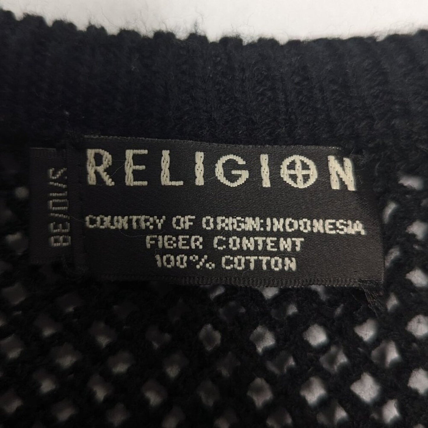 Religion Black Open Knit Crochet Sweater Iridescent Sequins V-Neck Long Sleeve S