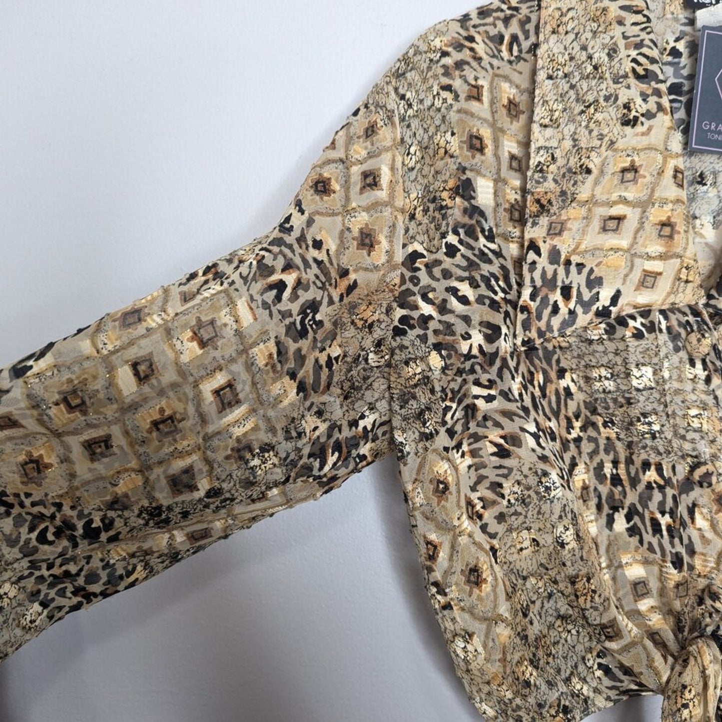 Vintage 90's Animal Print Long Sleeve Tie Front Shirt Collared Leopard Metallic
