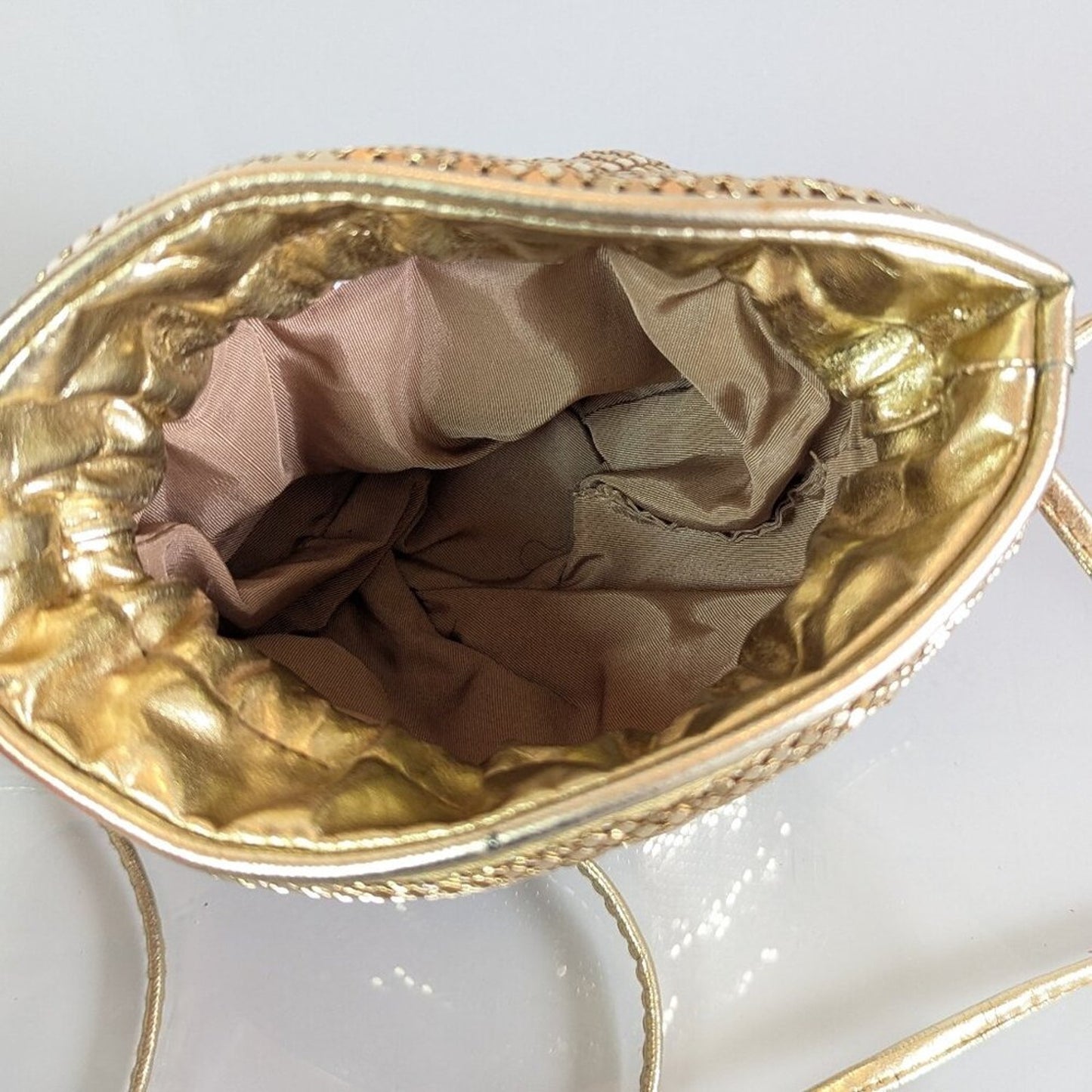 Whiting And Davis Vintage Gold Mesh Mini Drawstring Bucket Bag Disco Metallic
