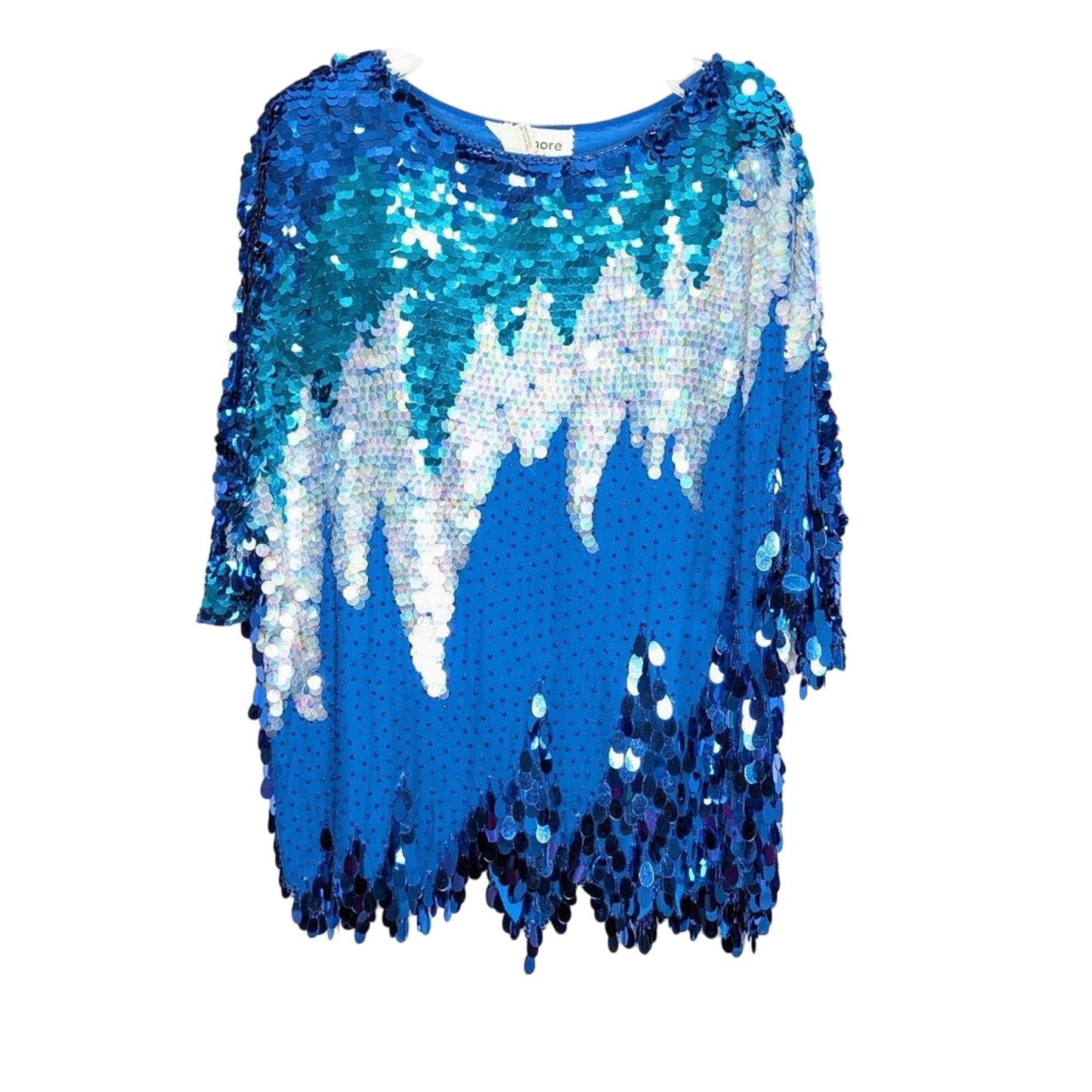 St. Honore Vintage 80's Blue Short Sleeve Beaded Sequin Top Party Disco Glam