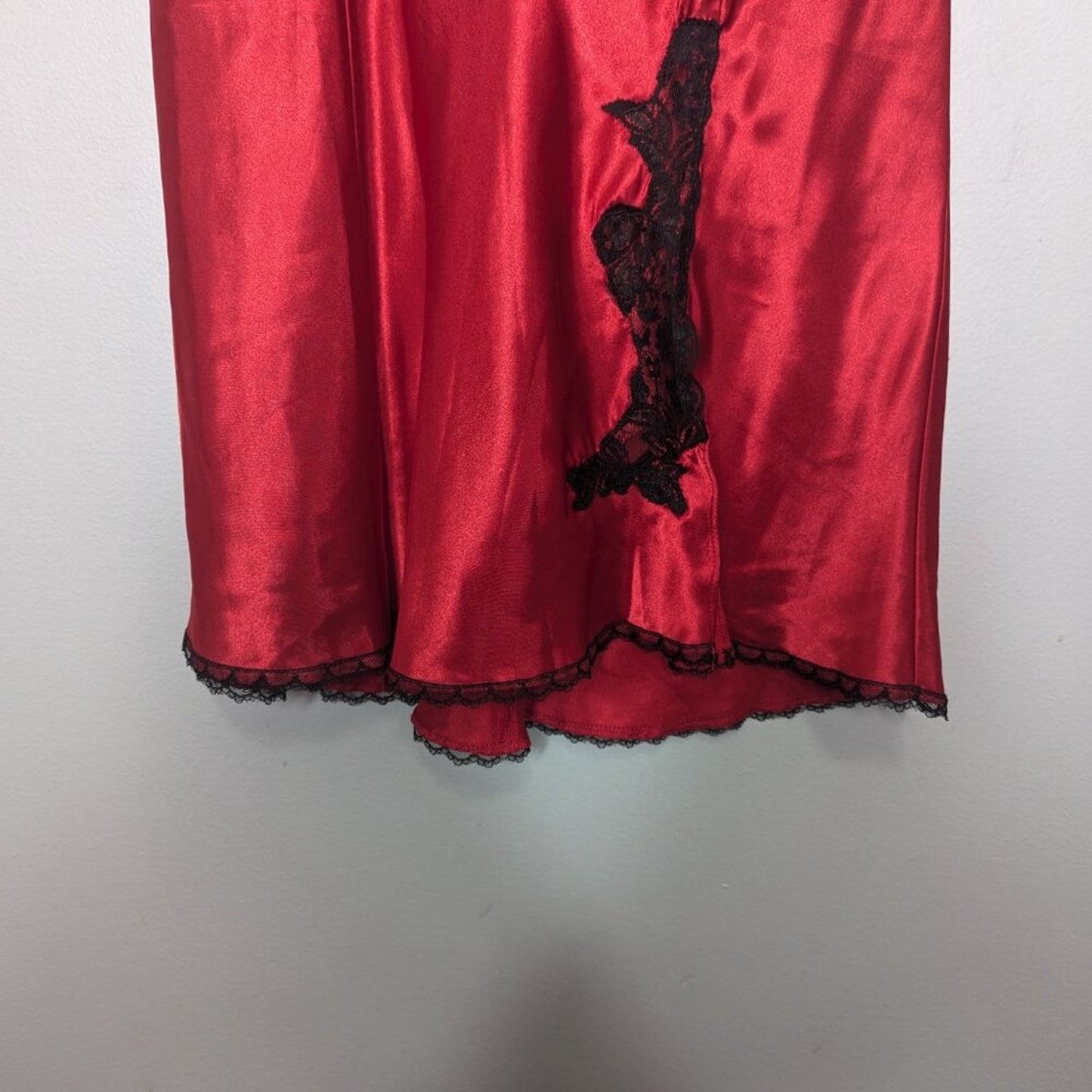 Frederick's of Hollywood Vintage Red Satin Slip Dress Black Lace Trim Cross Back