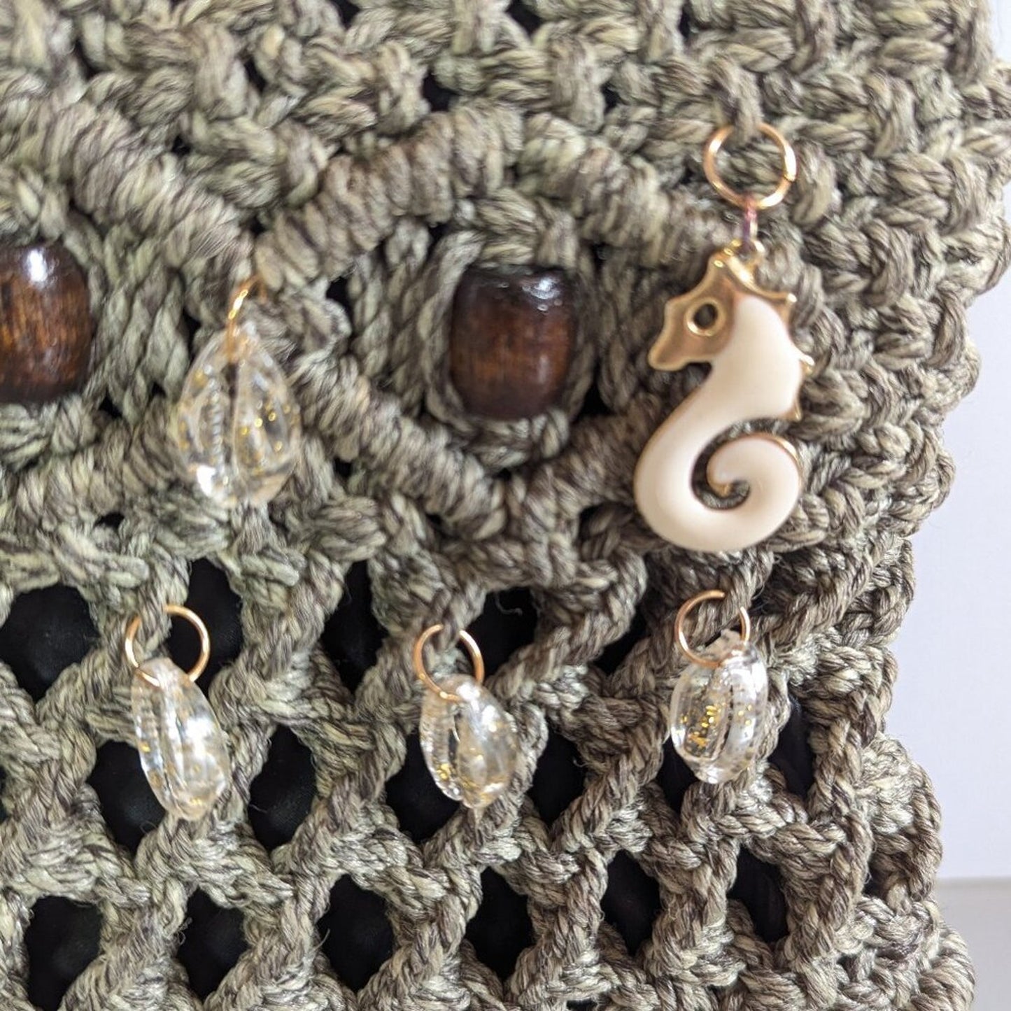 Vintage Taupe Macrame Bag Double Wooden Handle Upcycled Jewelry Charms Shells