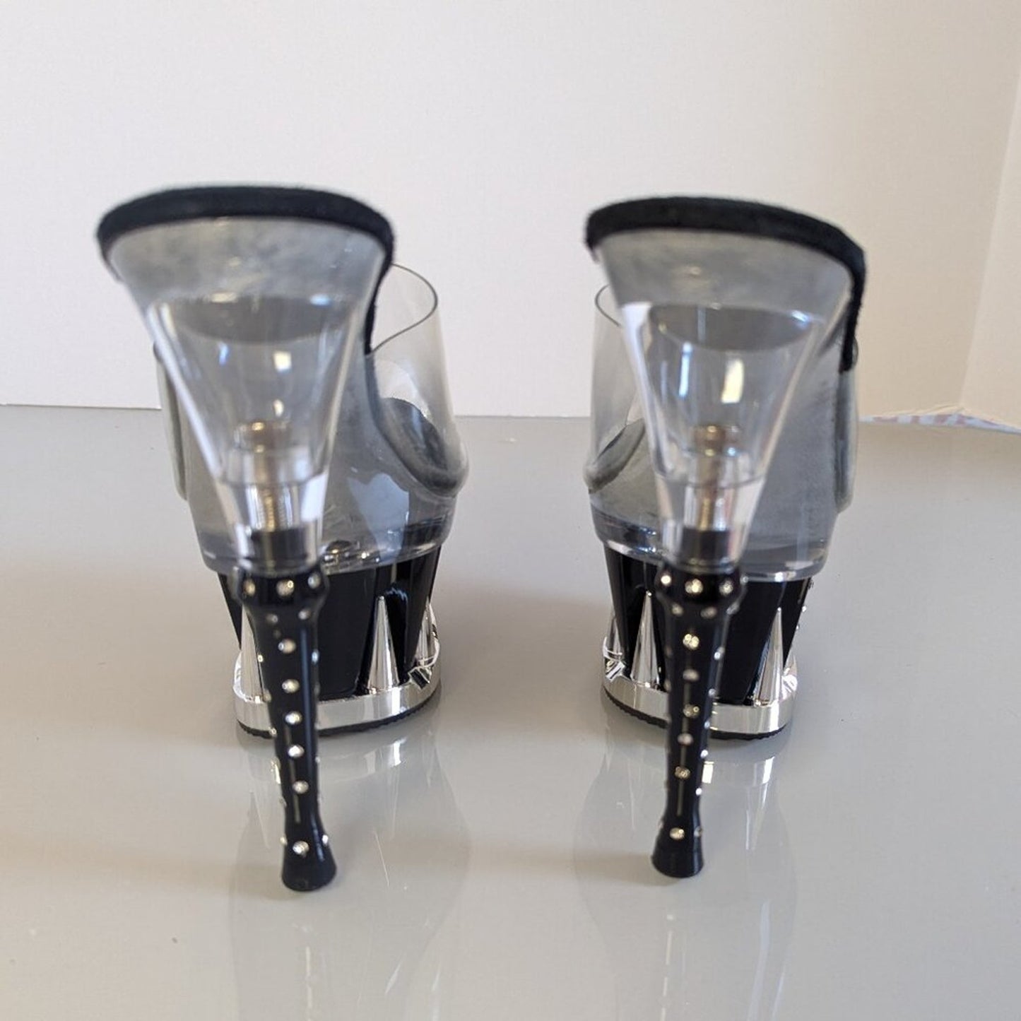 Y2K Tabu Chrome Black Shark Platform Stiletto Stripper Heels Rhinestone Studs 8