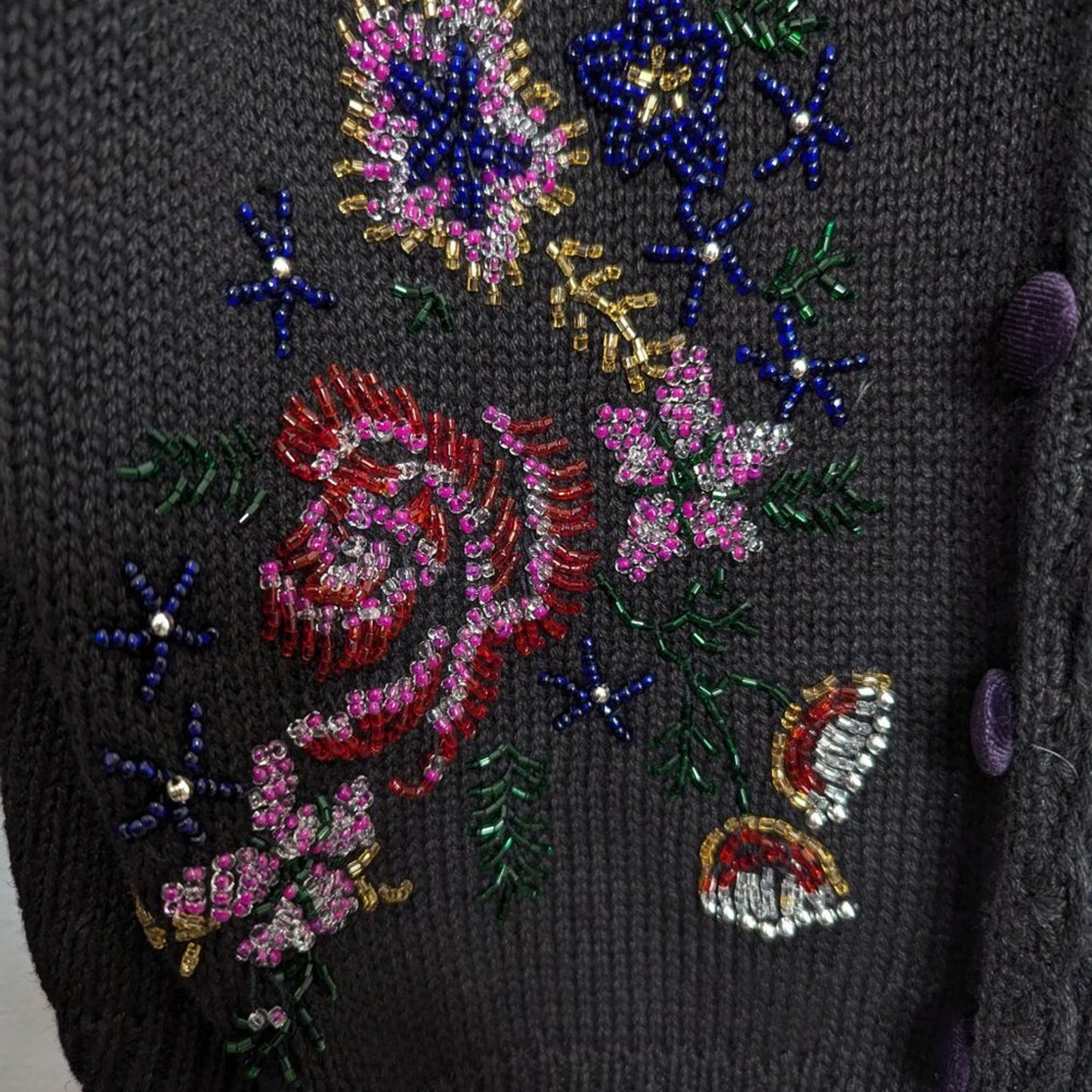 Vintage Victoria Jones Black V-Neck Long Sleeve Floral Beaded Cardigan Sweater