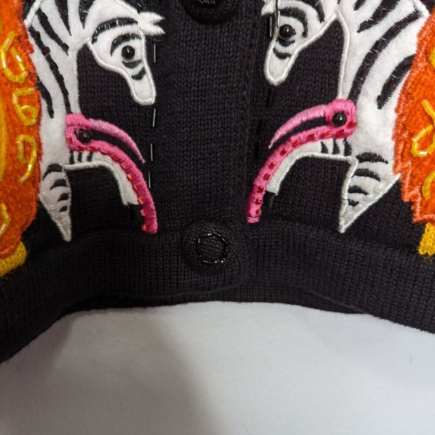 Vintage Berek Black Long Sleeve Beaded Zoo Animals Cardigan Lion Flamingo Monkey