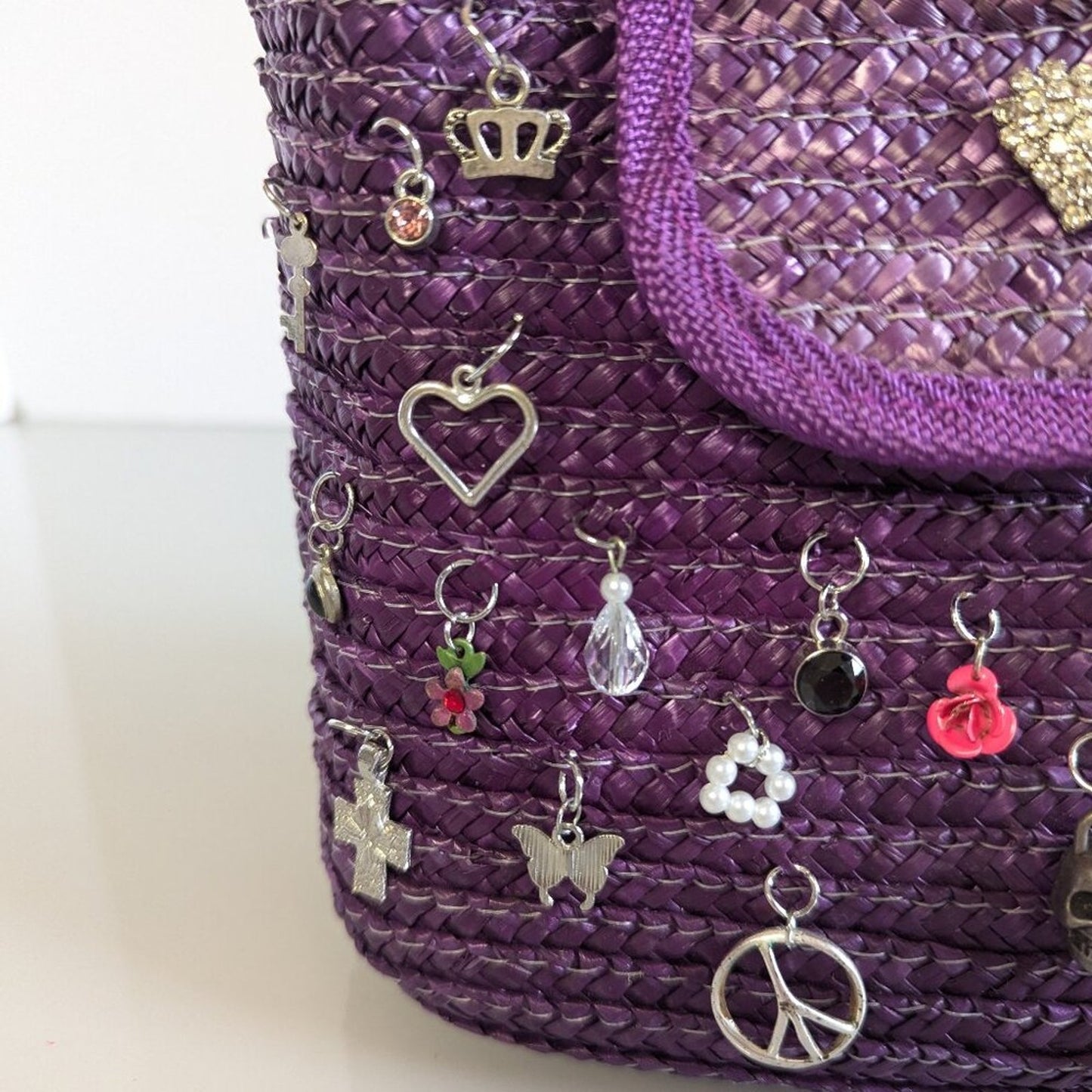 Vintage Purple Woven Straw Crossbody Bag Upcycled Jewelry Charms Deadstock