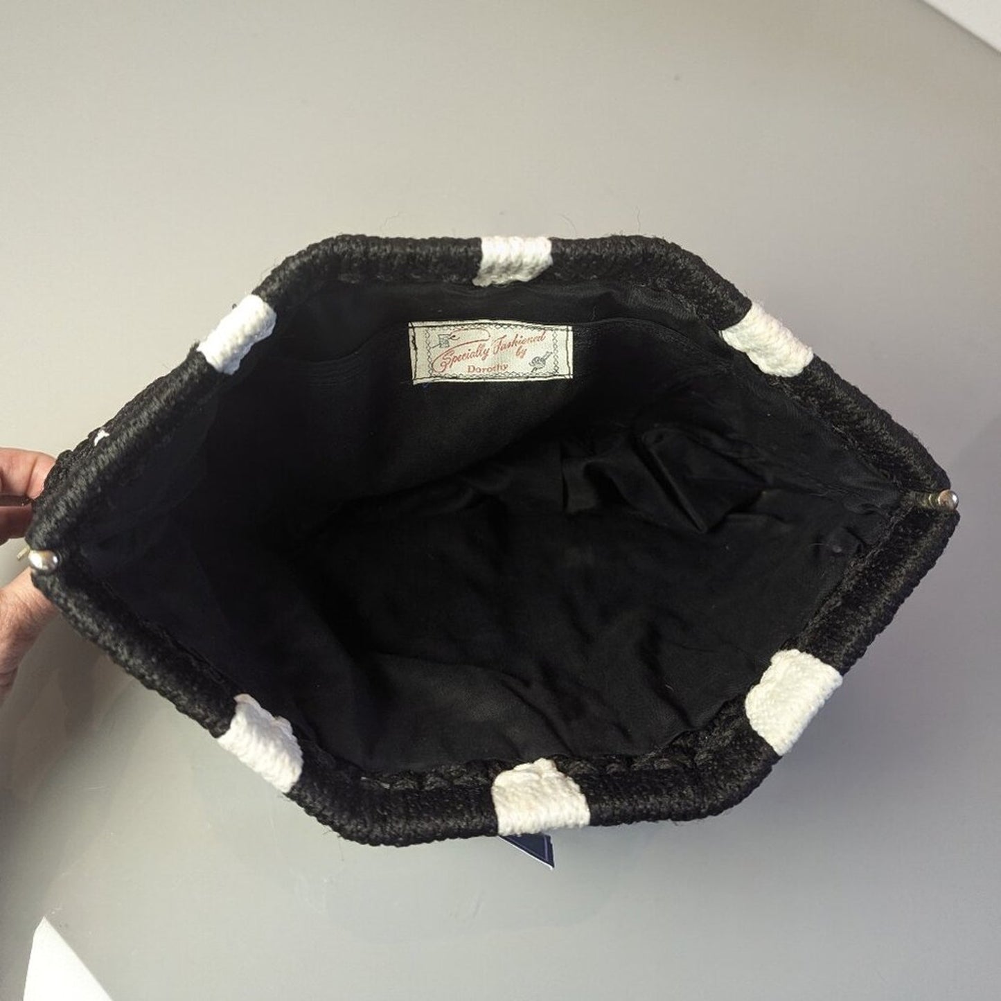 Vintage 1960's Black White Macrame Framed Clutch Bag Crochet