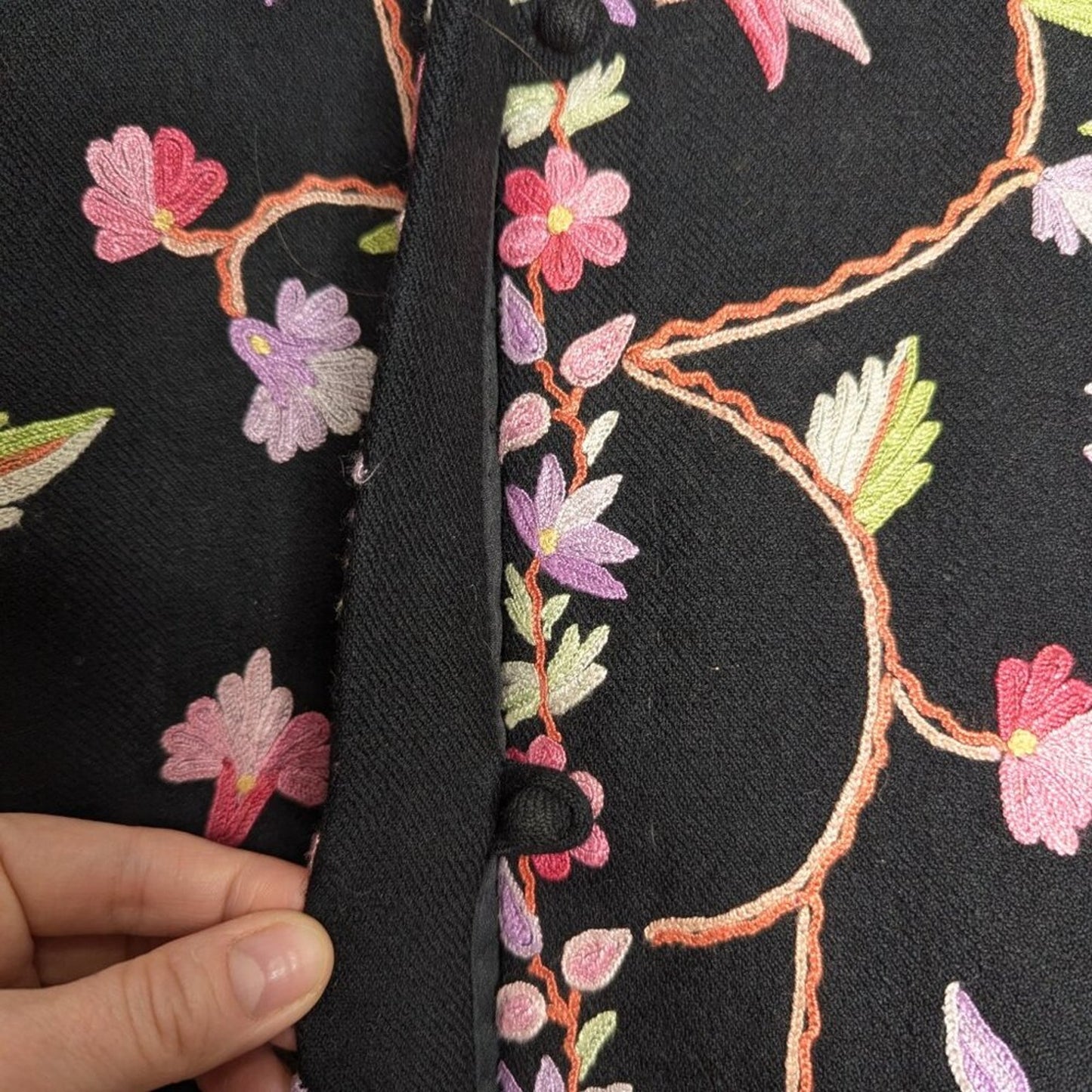 Vintage Black Long Sleeve Floral Embroidered Button Up Jacket Mandarin Collar