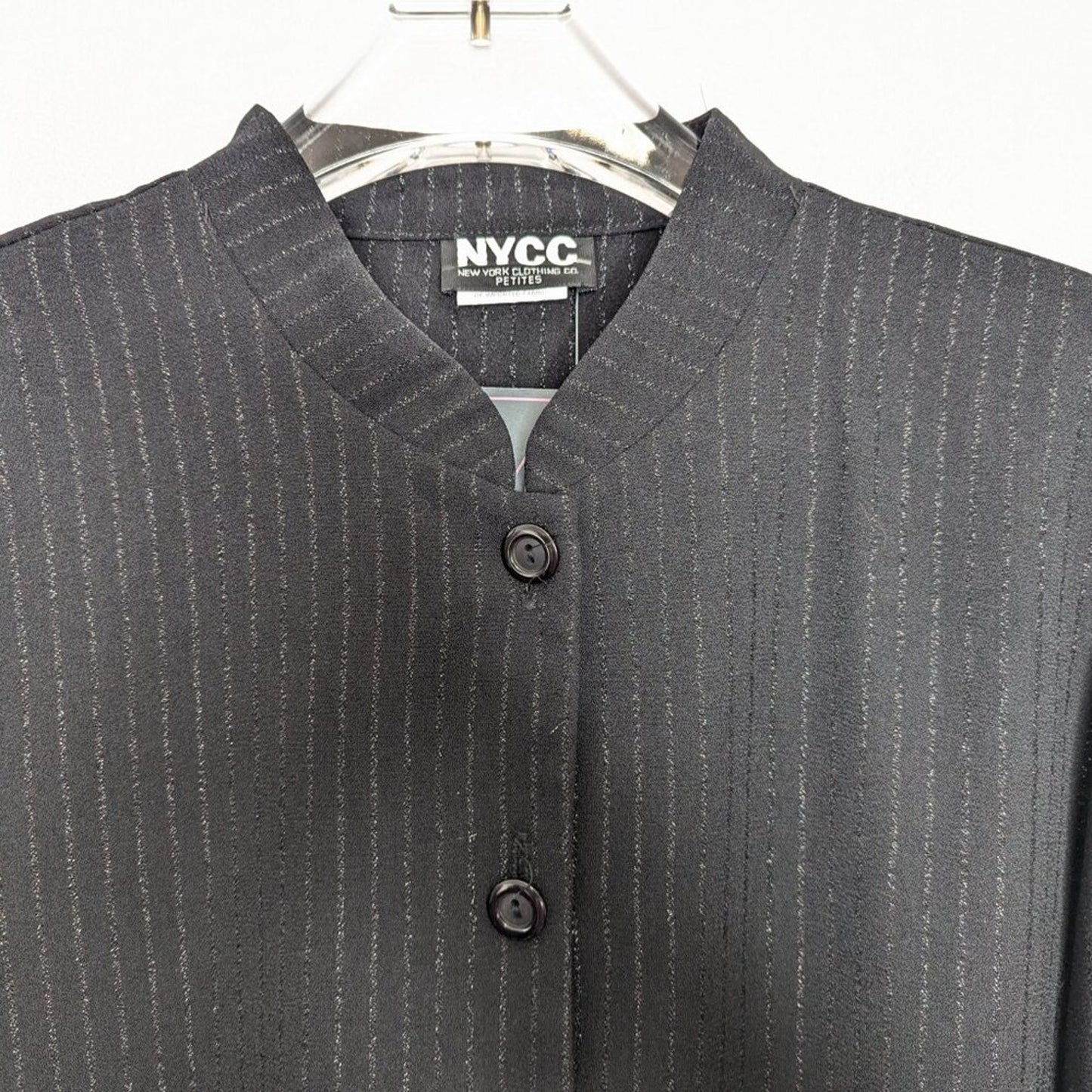 Vintage 90's Black Mandarin Collar Metallic Pin Stripe Top Long Sleeve Button Up