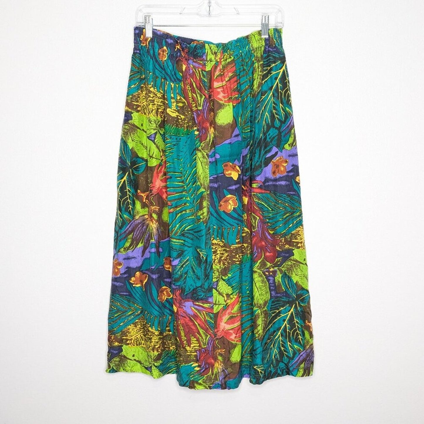 Vintage Green Tropical Jungle Palm Leaves Pattern Silk Maxi Skirt Elastic Waist