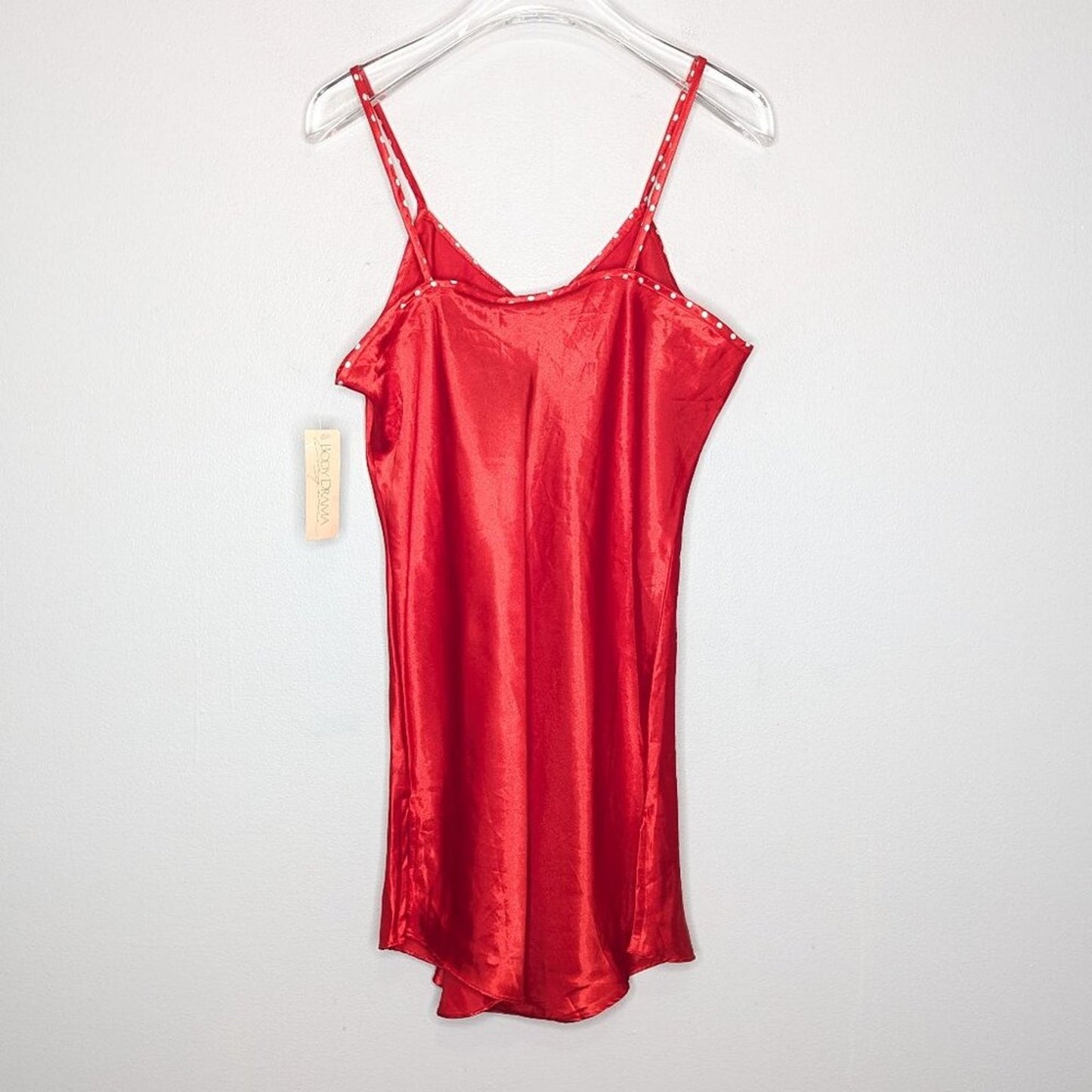 Body Drama Vintage 90's Red Satin Mini Slip Dress Polka Dot Collar Button Detail