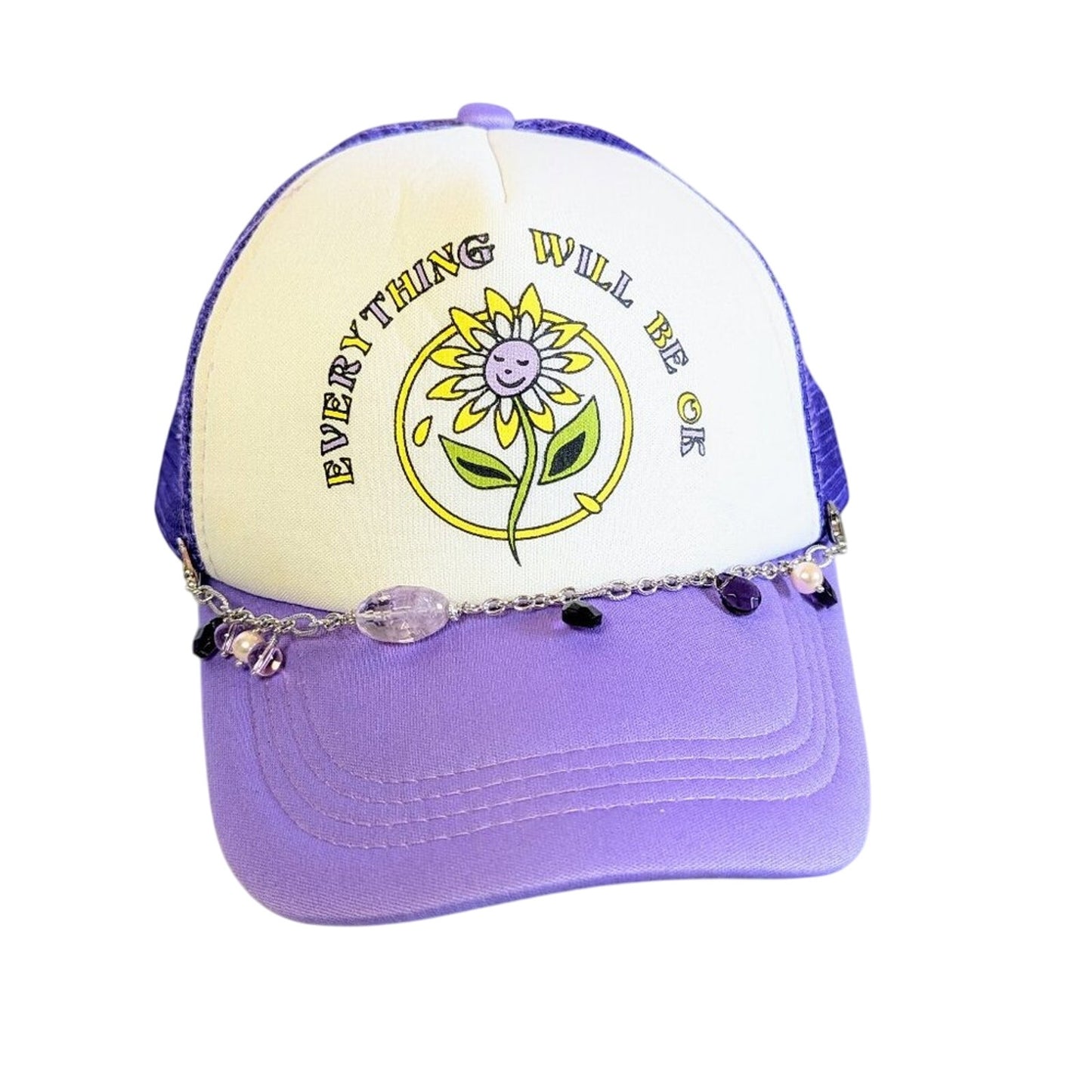 Upcycled Silver Jewelry Charm Hat Chain Purple Floral Adjustable Trucker Hat