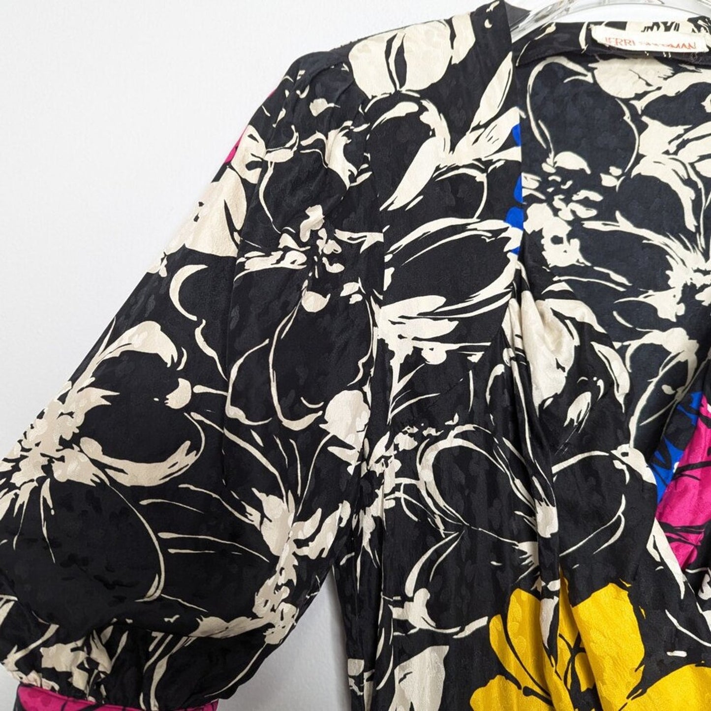 Vintage Jerri Sherman Bold Graphic Floral Print Silk Dress Black White Midi