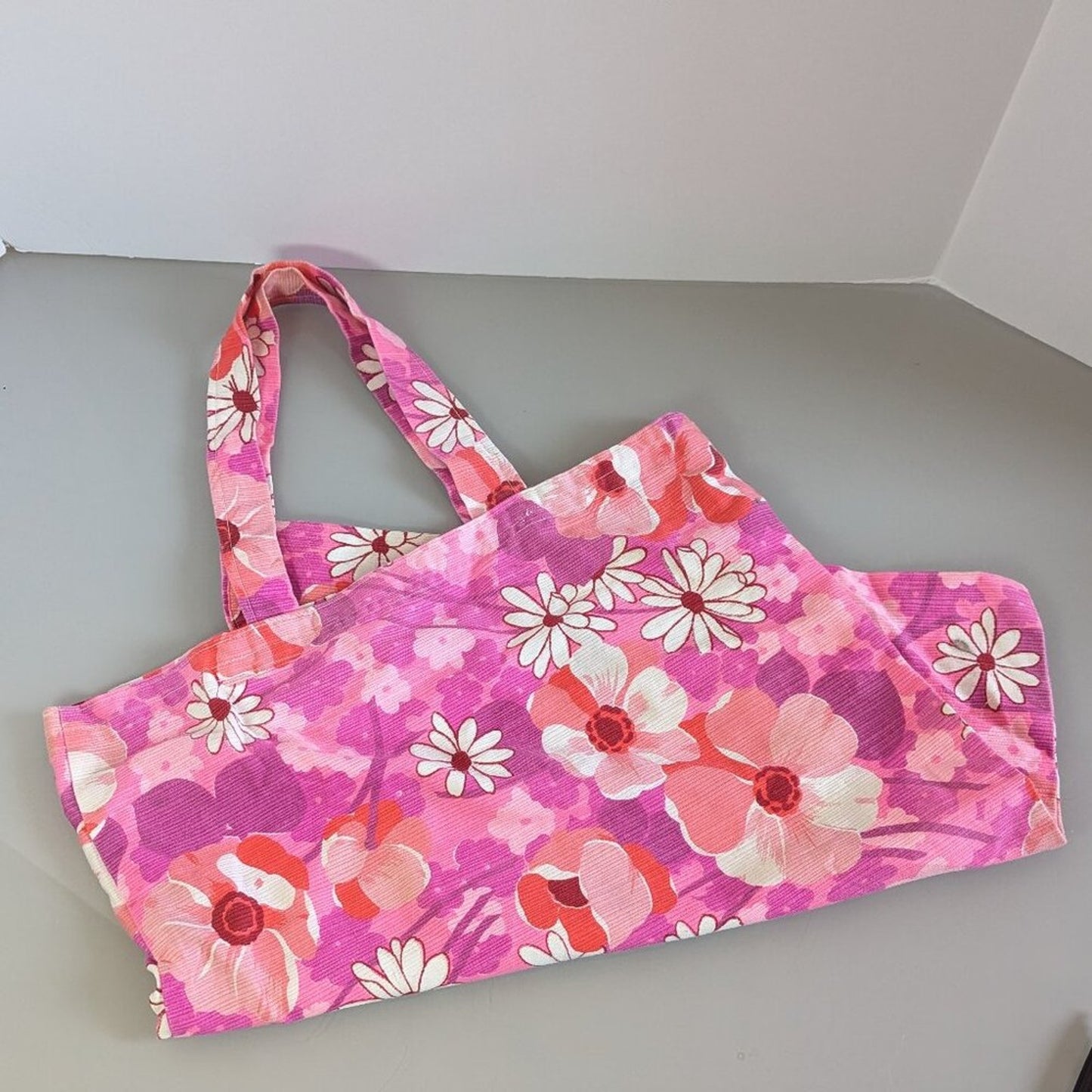 Bright Pink Floral Poppy Daisy Retro Print Fabric Tote Bag Unbranded