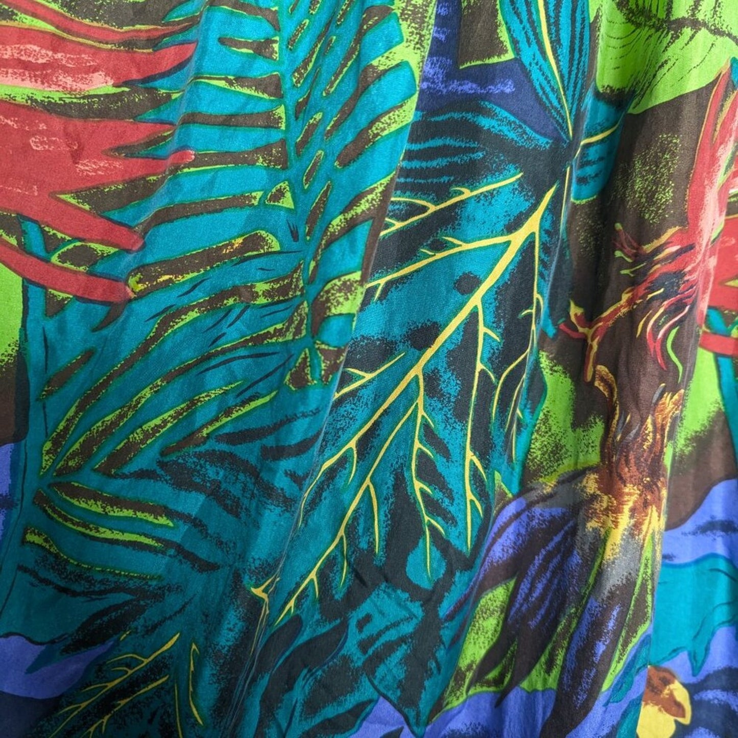 Vintage Green Tropical Jungle Palm Leaves Pattern Silk Maxi Skirt Elastic Waist