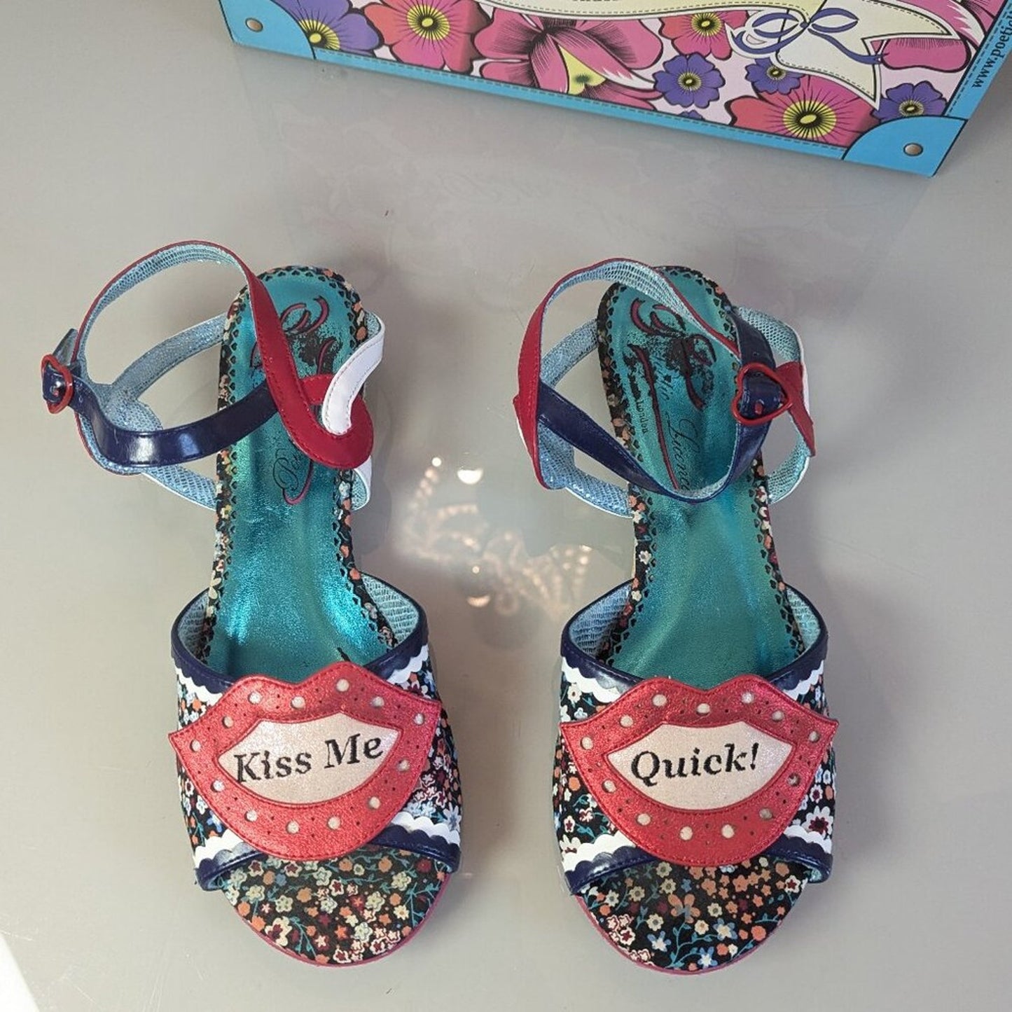 Poetic Licence Floral Pattern Kiss Me Quick Lips Shoe Mini Wedge Ankle Strap 40