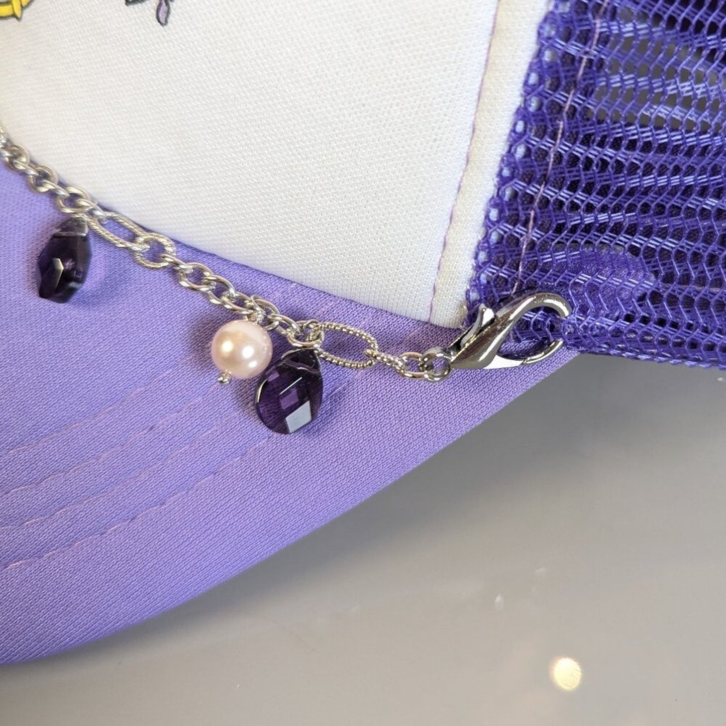 Upcycled Silver Jewelry Charm Hat Chain Purple Floral Adjustable Trucker Hat