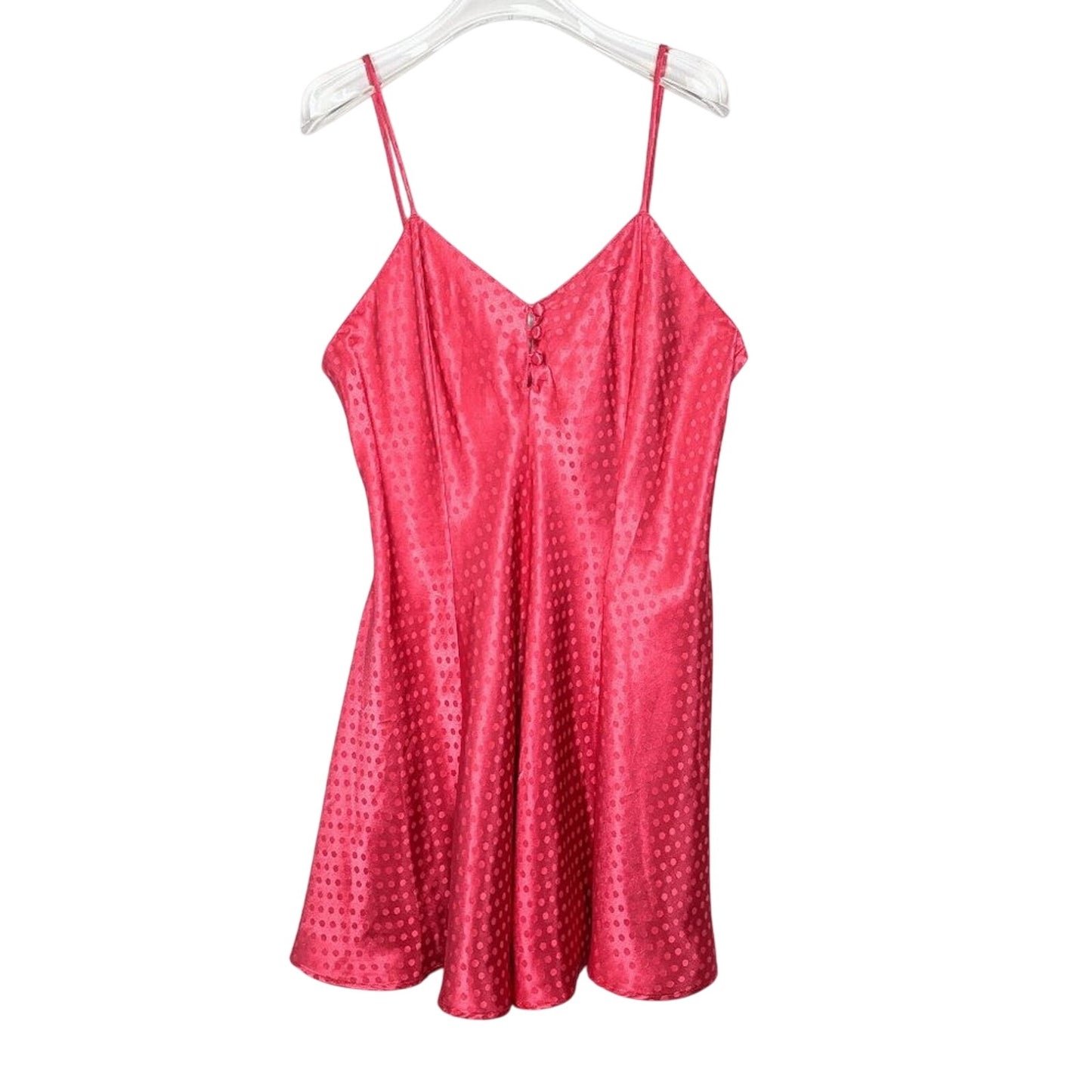 Vintage Bright Pink Monochromatic Polka Dot Pattern Satin Slip Dress Buttons