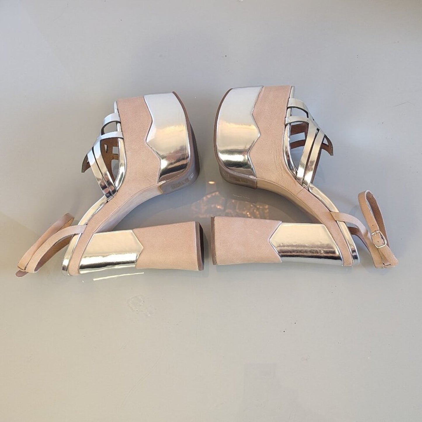 Jeffrey Campbell Y2K Nude Chrome Ambrose Platform Heels Shiny Ankle Strap NEW