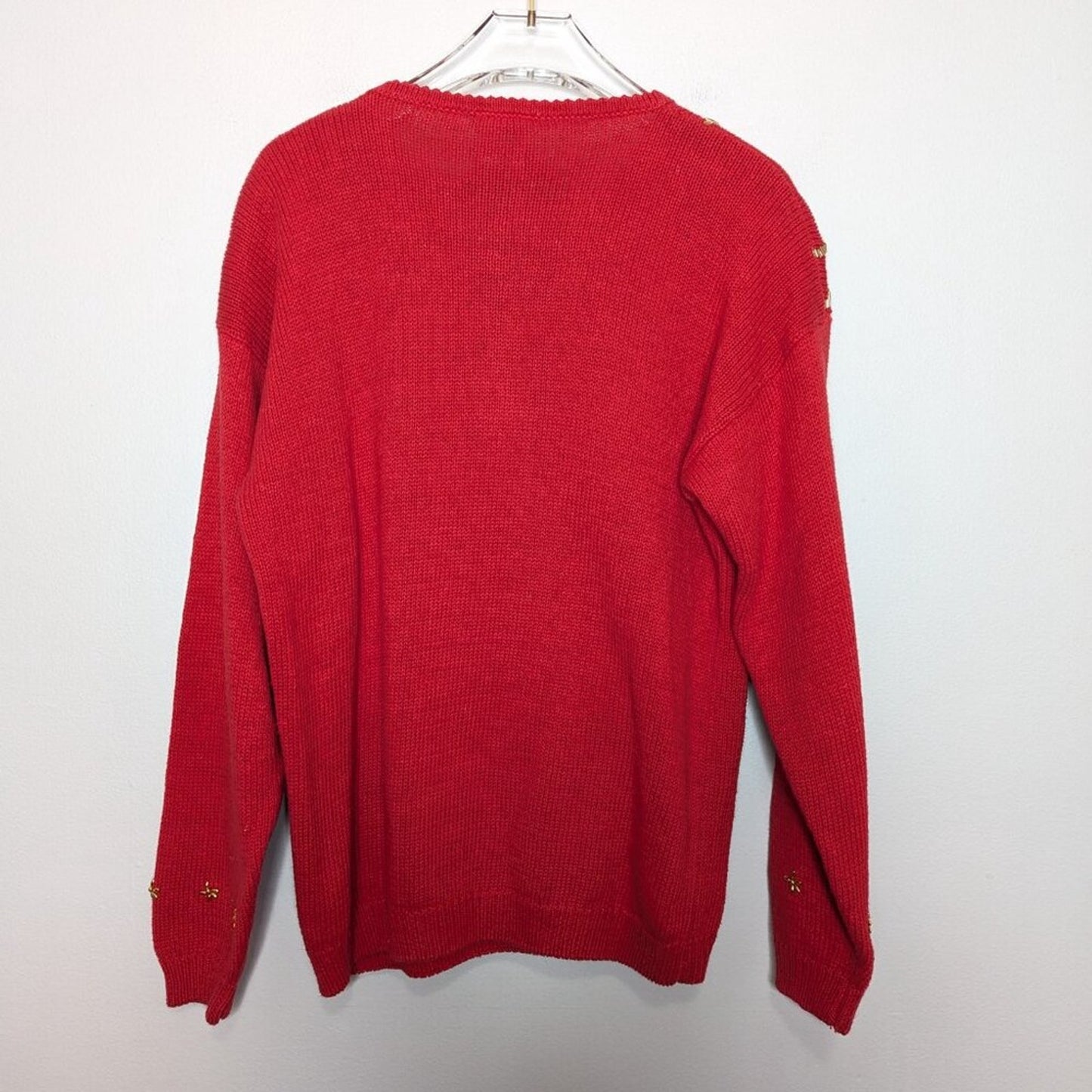 Vintage Red Crew Neck Long Sleeve Sweater Gold Beaded Sequins Rhinestones Floral
