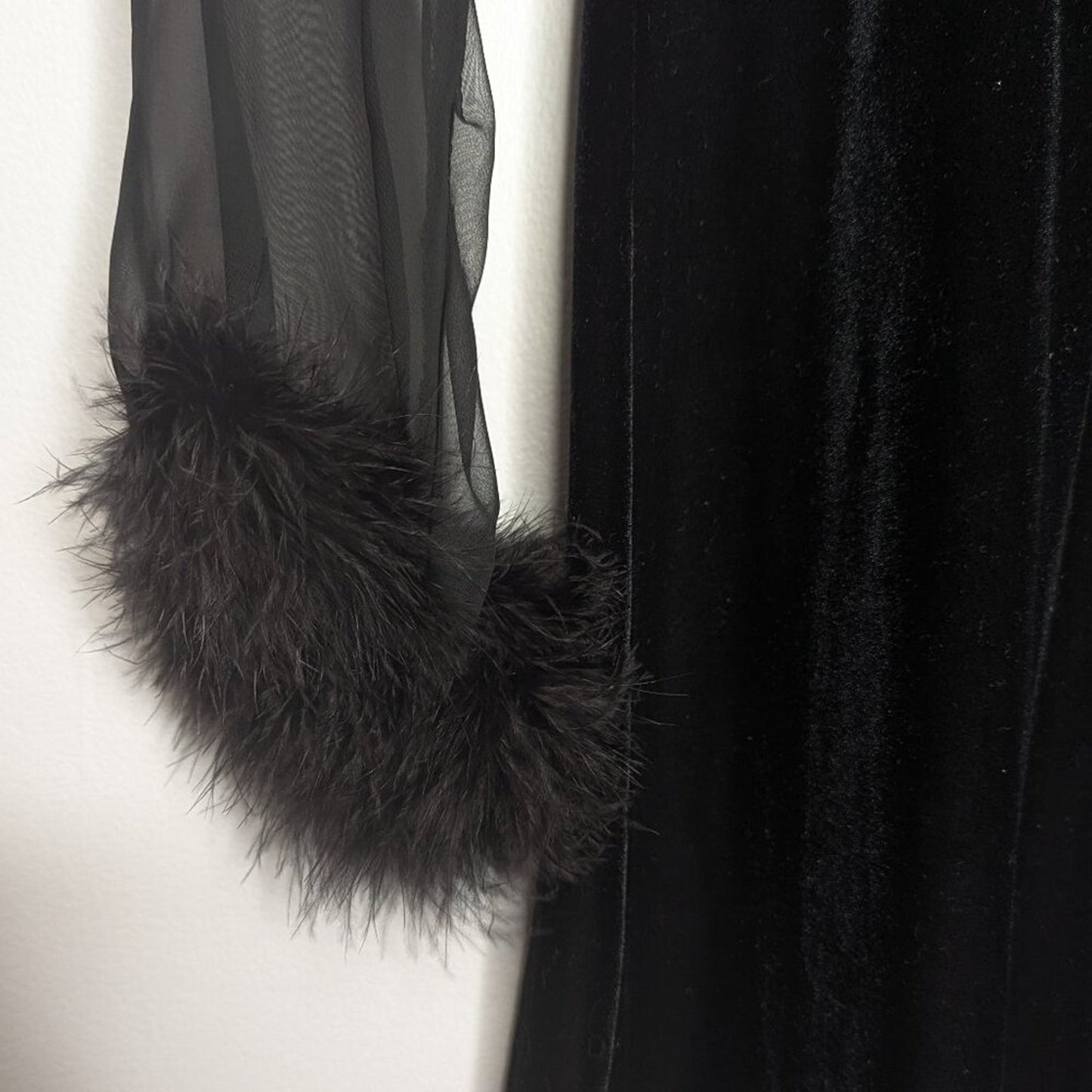Vintage Melodee Black Sheer Long Sleeve Velvet Mini Dress Marabou Feather Trim