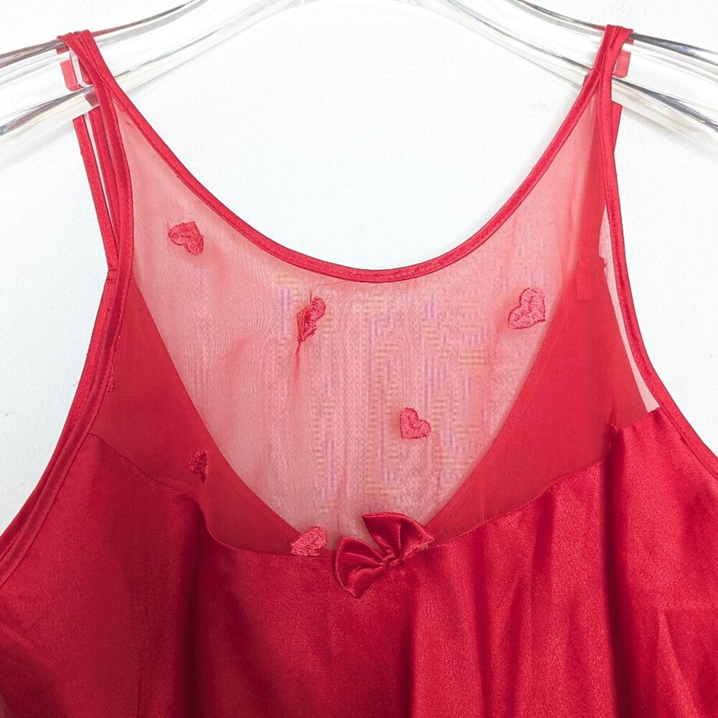 Vintage 90's Red Embroidered Heart Pattern Semi Sheer Slip Dress Nightie Bow M