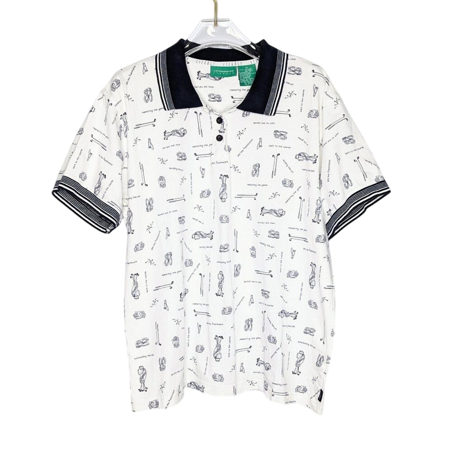 Vintage Liz Claiborne White Golf Print Short Sleeve Polo Shirt Collared Preppy