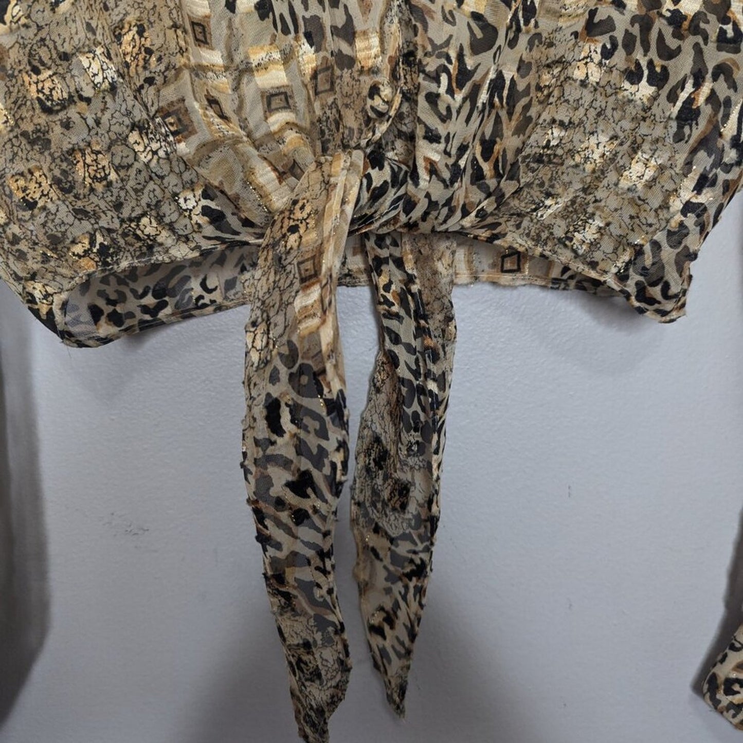Vintage 90's Animal Print Long Sleeve Tie Front Shirt Collared Leopard Metallic