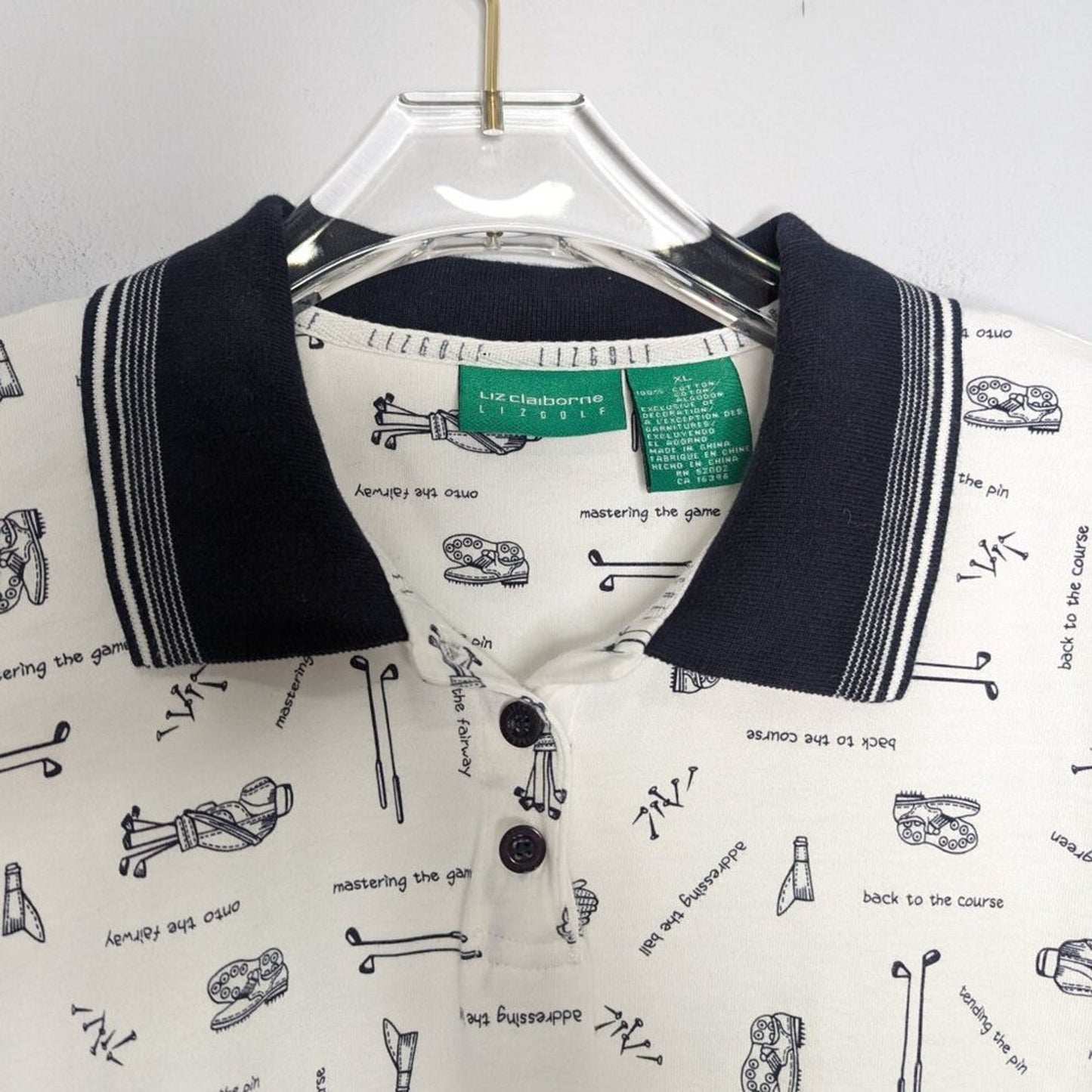 Vintage Liz Claiborne White Golf Print Short Sleeve Polo Shirt Collared Preppy