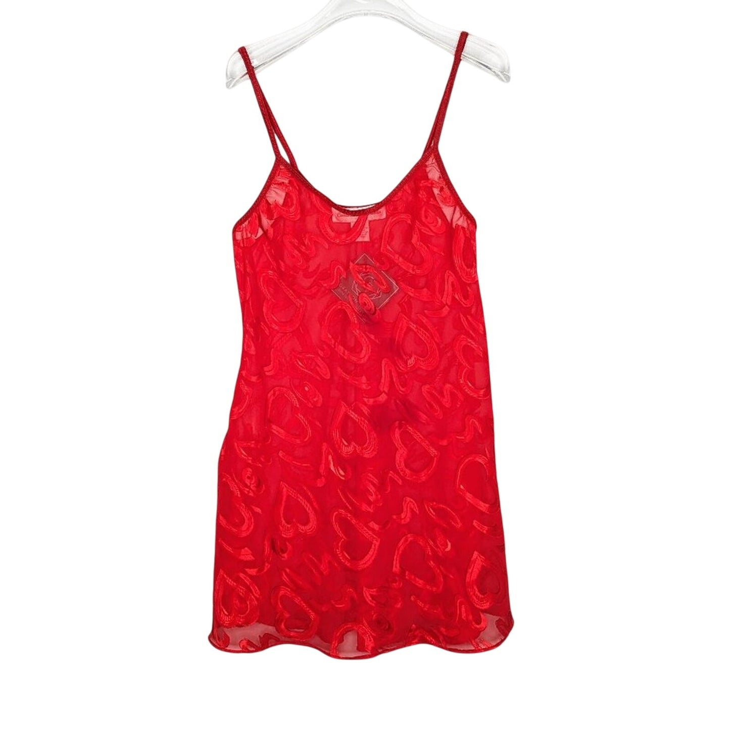 Vintage 90's Red Heart Pattern Semi Sheer Slip Dress Nightie Scoop Neck Size XL