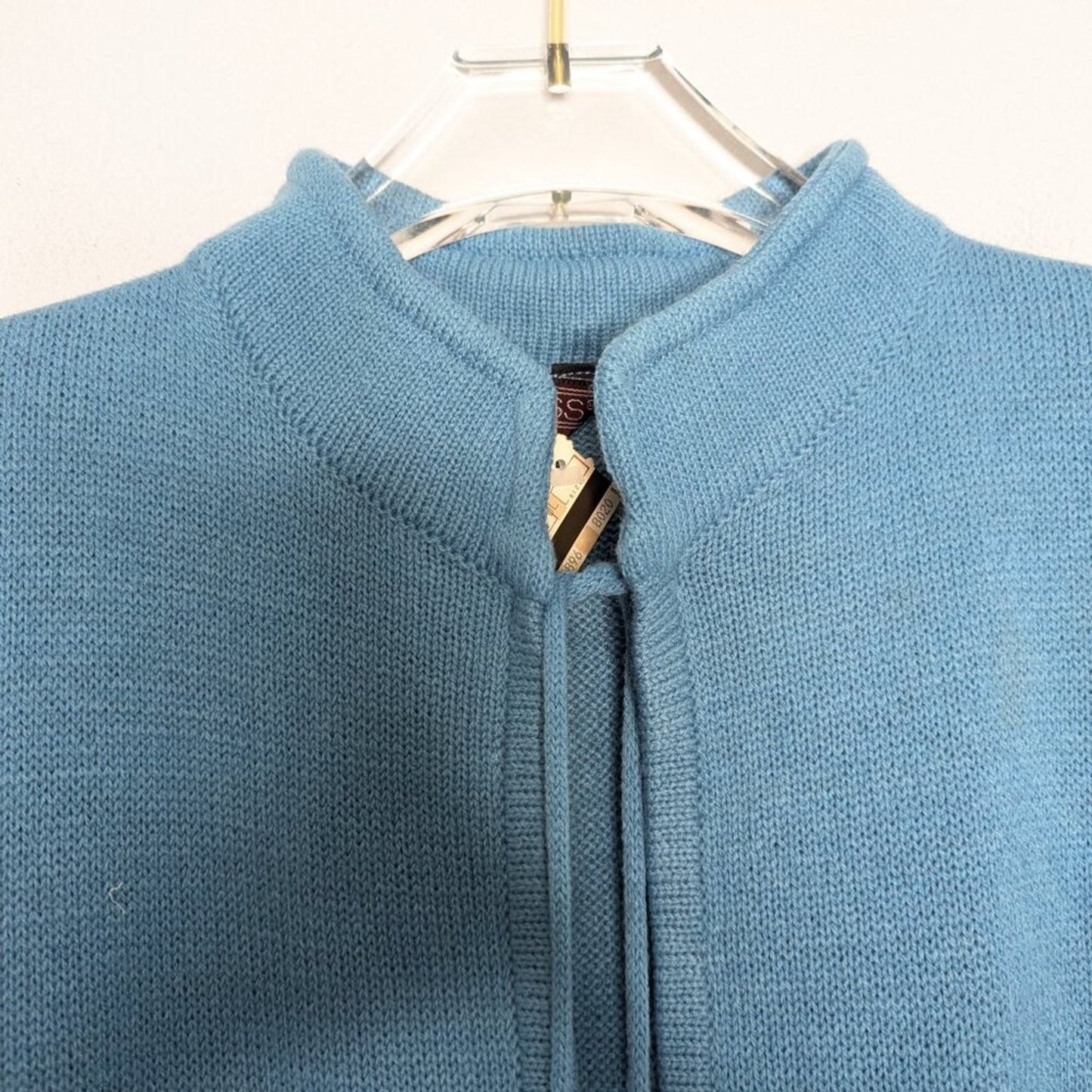 Vintage Blue Deadstock Sleeveless Cardigan Tie Neck Standing Collar Tassels M