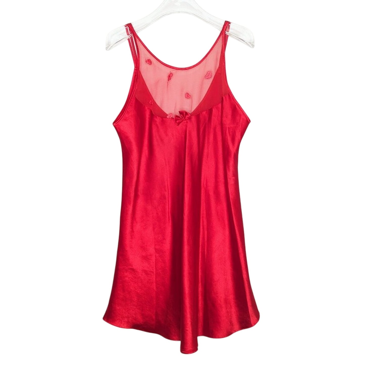 Vintage 90's Red Embroidered Heart Pattern Semi Sheer Slip Dress Nightie Bow M