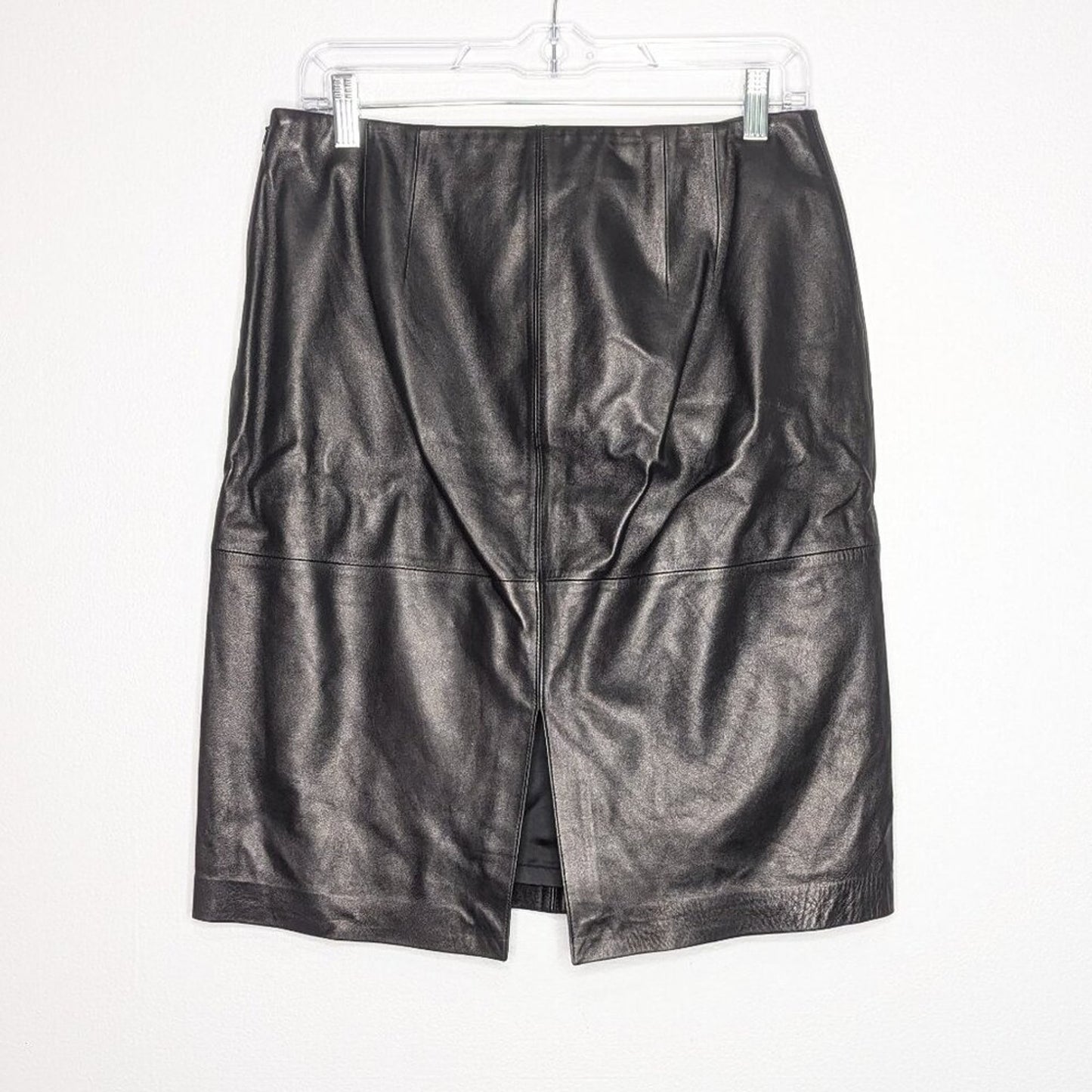 Ann Taylor Vintage Black Leather Pencil Mini Skirt Super Soft Back Slit Size 8