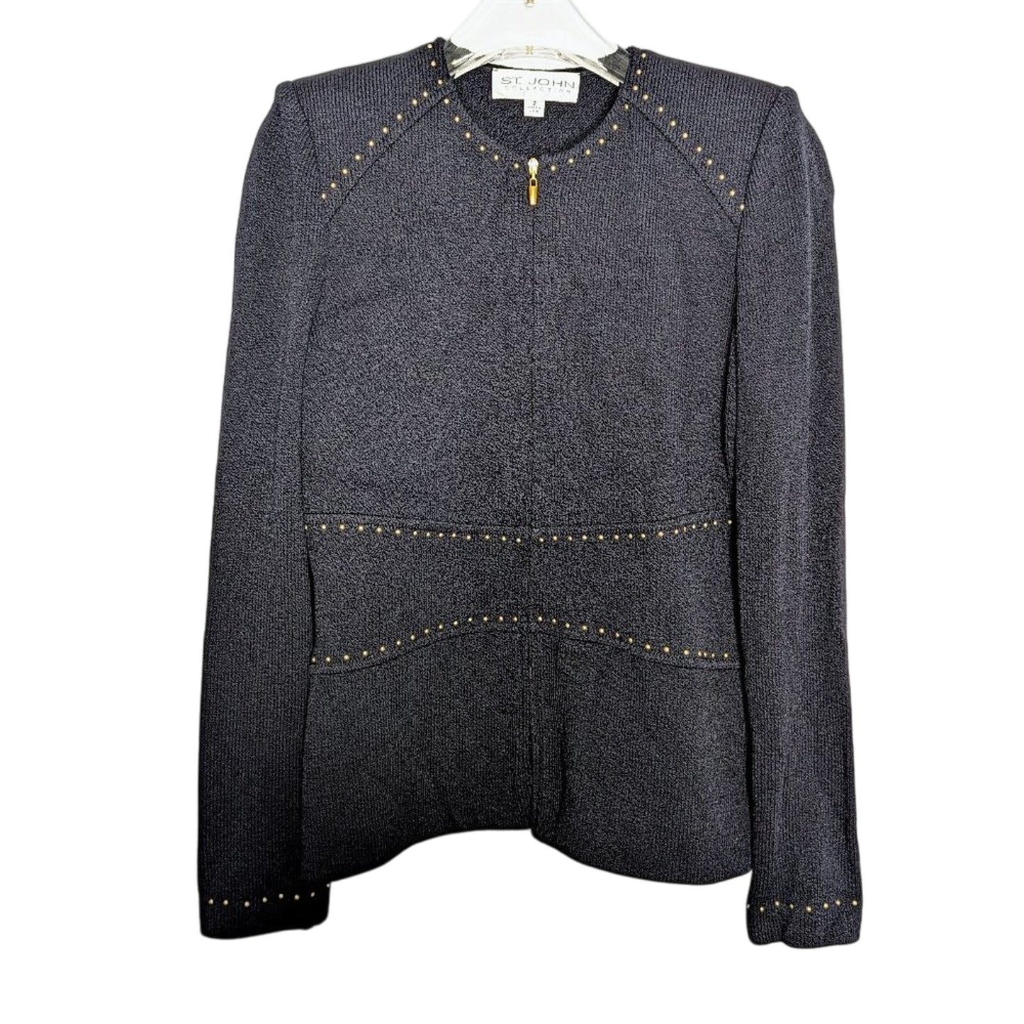 St. John Collection Vintage Black Full Zip Long Sleeve Jacket Gold Studded 2