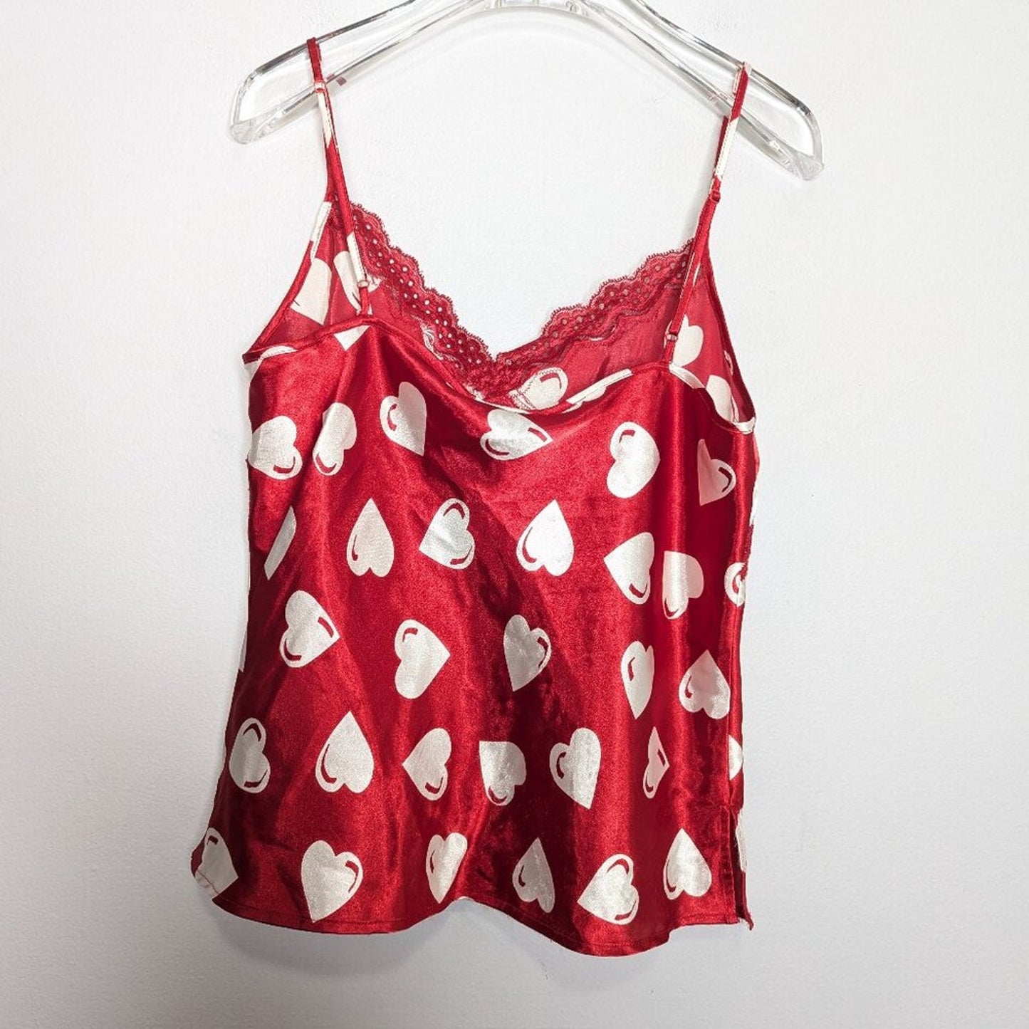 Vintage Y2K Red Satin Heart Print Cami Lace Trim Spaghetti Straps V-Neck Size M