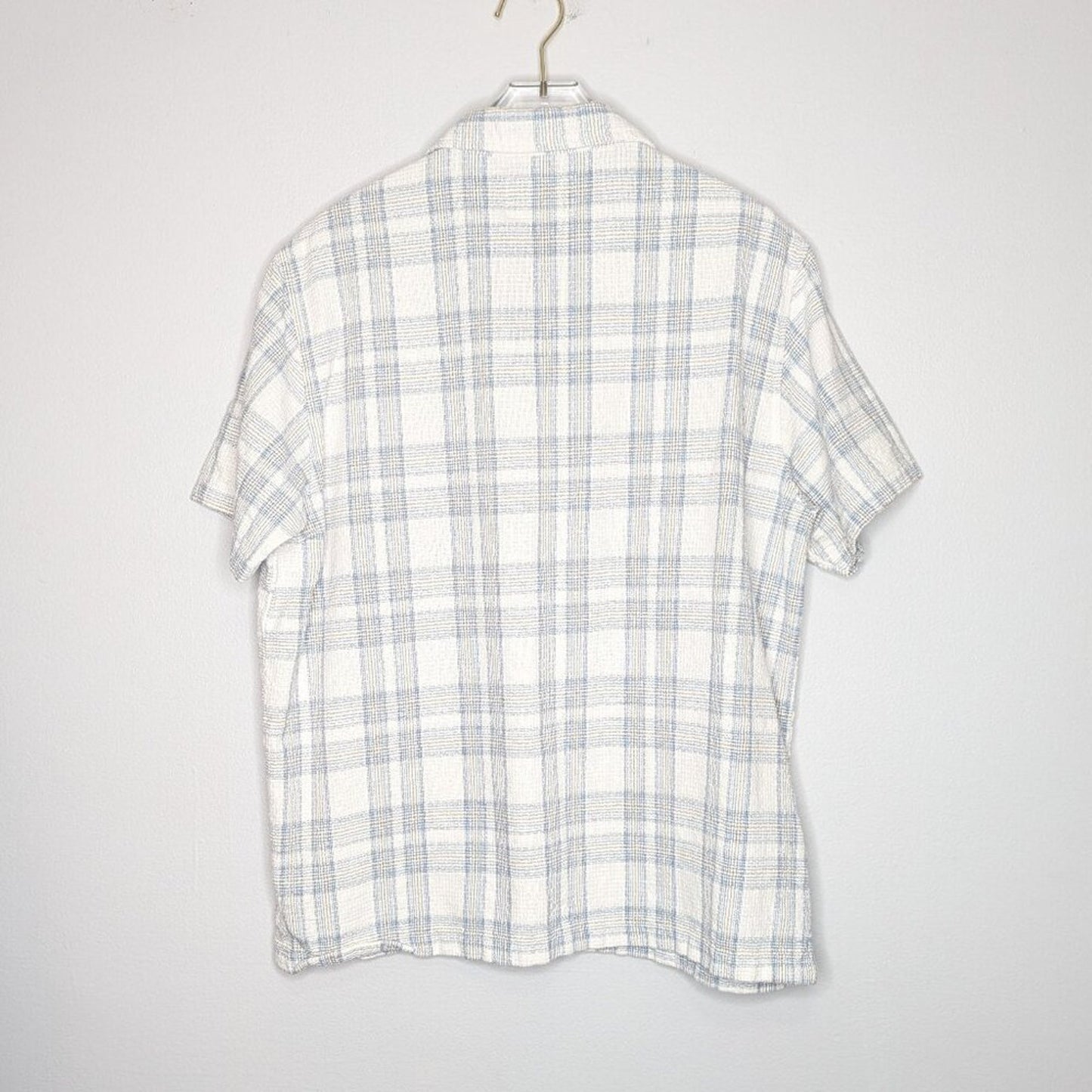 Folk Clothing White Blue Plaid Short Sleeve Soft Collar Shirt Cotton Linen M