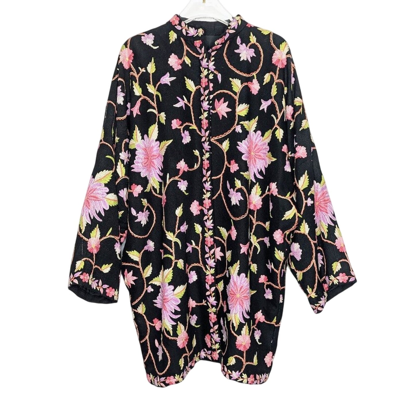 Vintage Black Long Sleeve Floral Embroidered Button Up Jacket Mandarin Collar