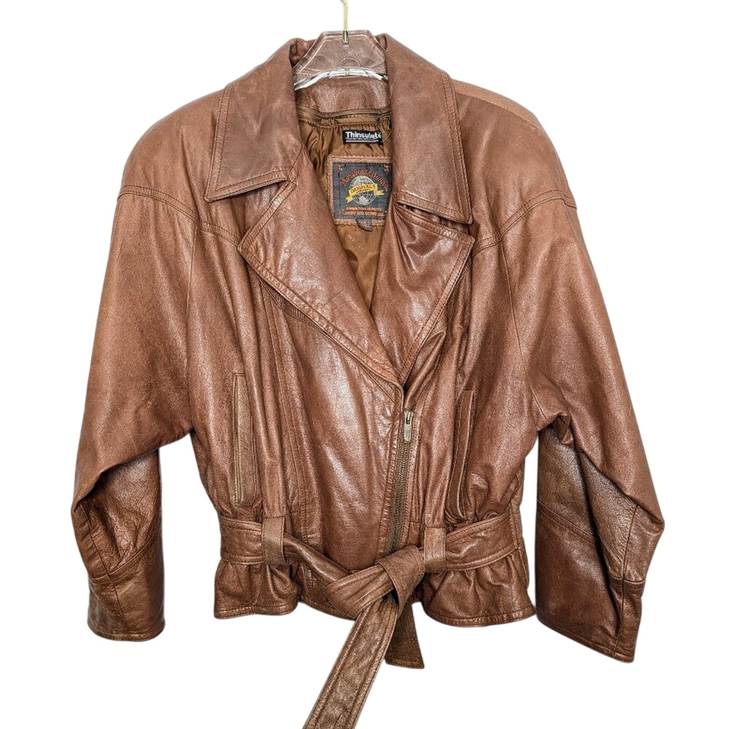 Wilsons Leather Adventure Bound Brown Leather Tie Waist Moto Jacket Pockets L
