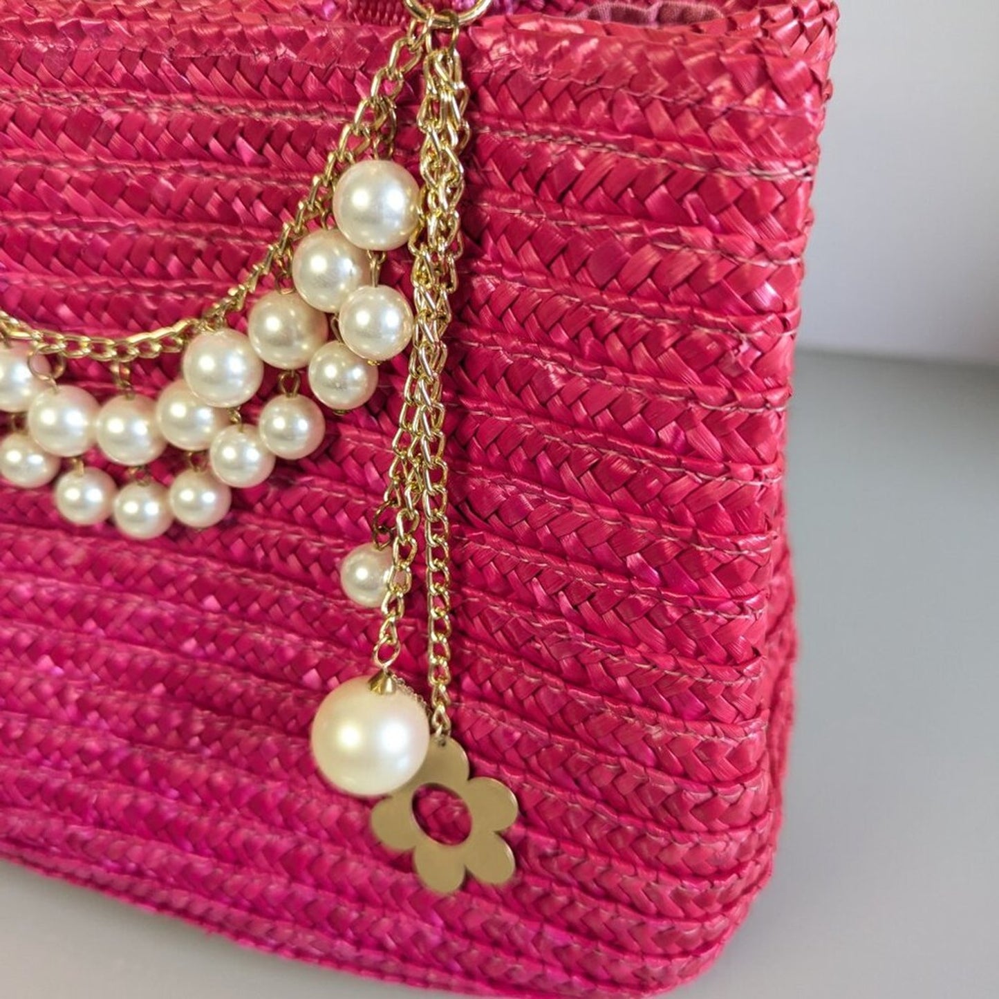 Vintage Hot Pink Woven Bag Bamboo Handles Upcycled Jewelry Charms Pearls Flower